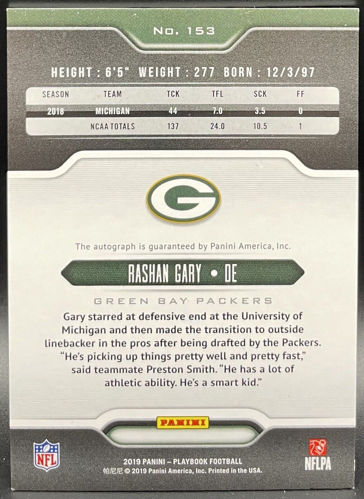 Rashan Gary  2019  Panini Playbook #153 RC Autograph Green Bay Packers￼