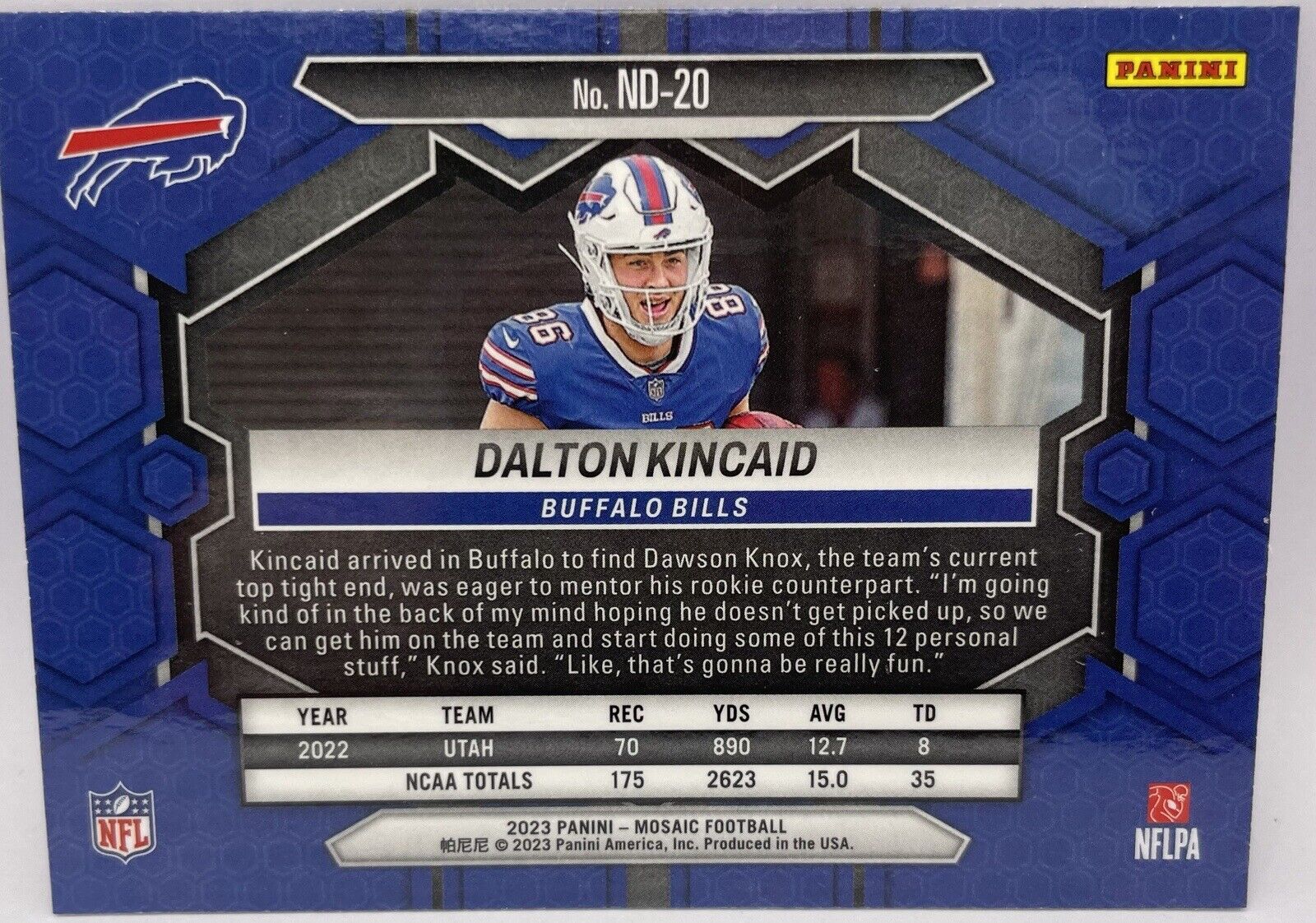 2023 Panini Mosaic DALTON KINCAID #ND-20 Rookie Card NFL Debut Buffalo...