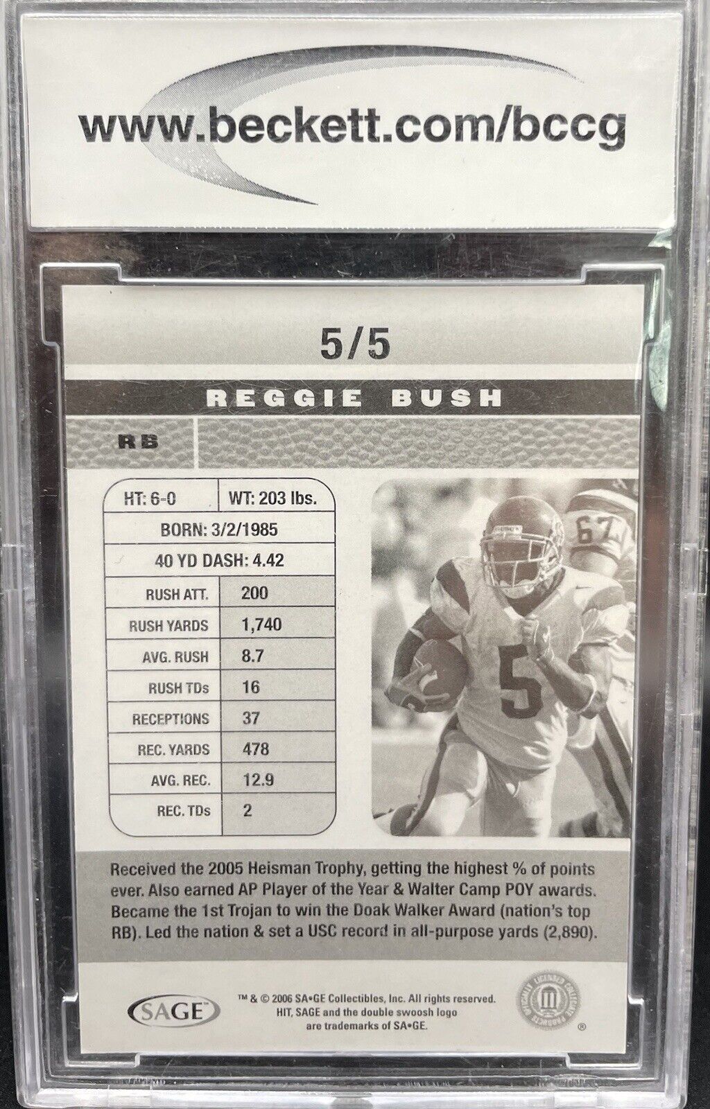 Reggie Bush 2006 Sage Collectibles #5/5 RC Heisman Trophy Winner New Orleans...