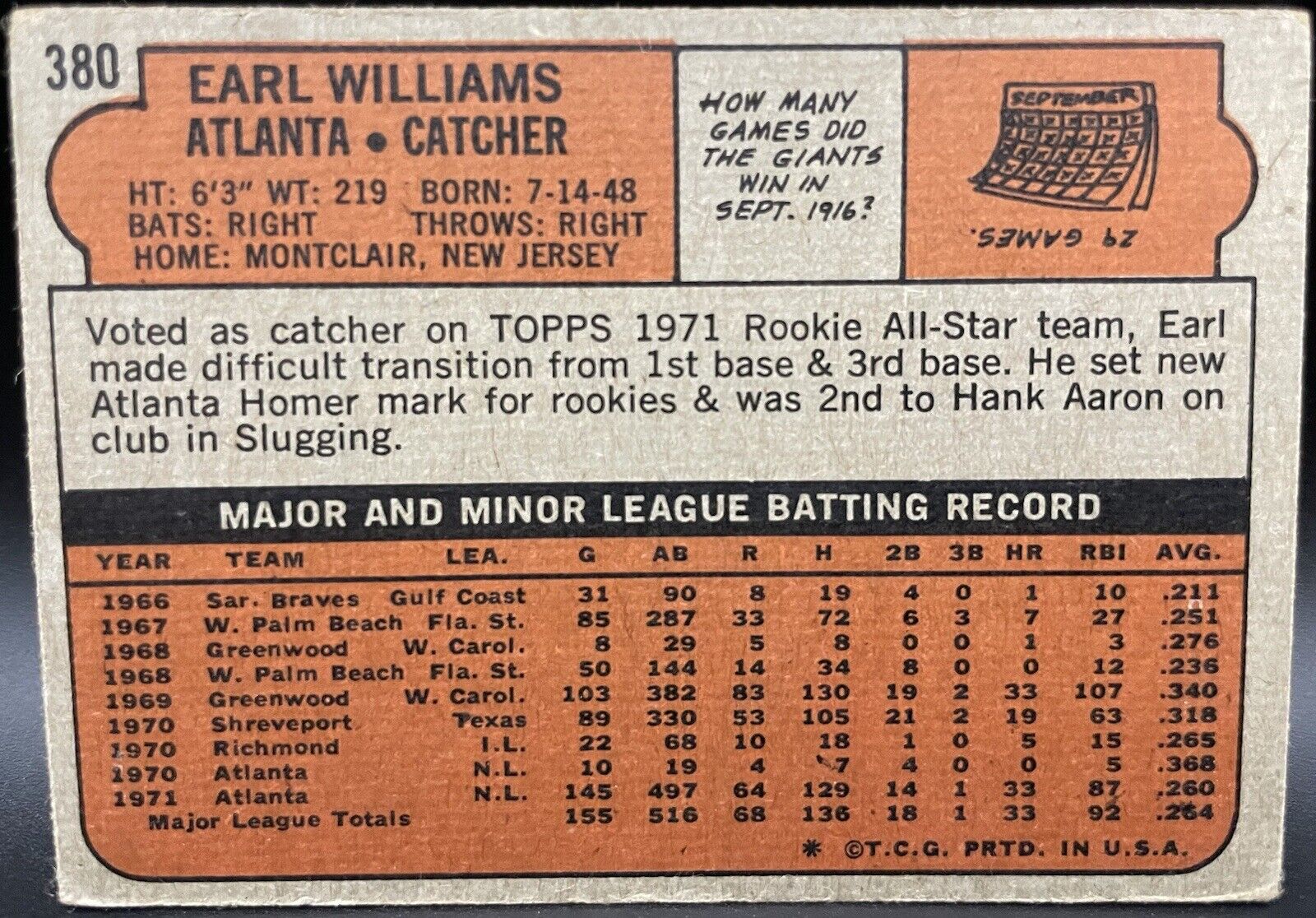 Earl Williams 1972 Topps Rookie All-Star #380 RC Atlanta Braves