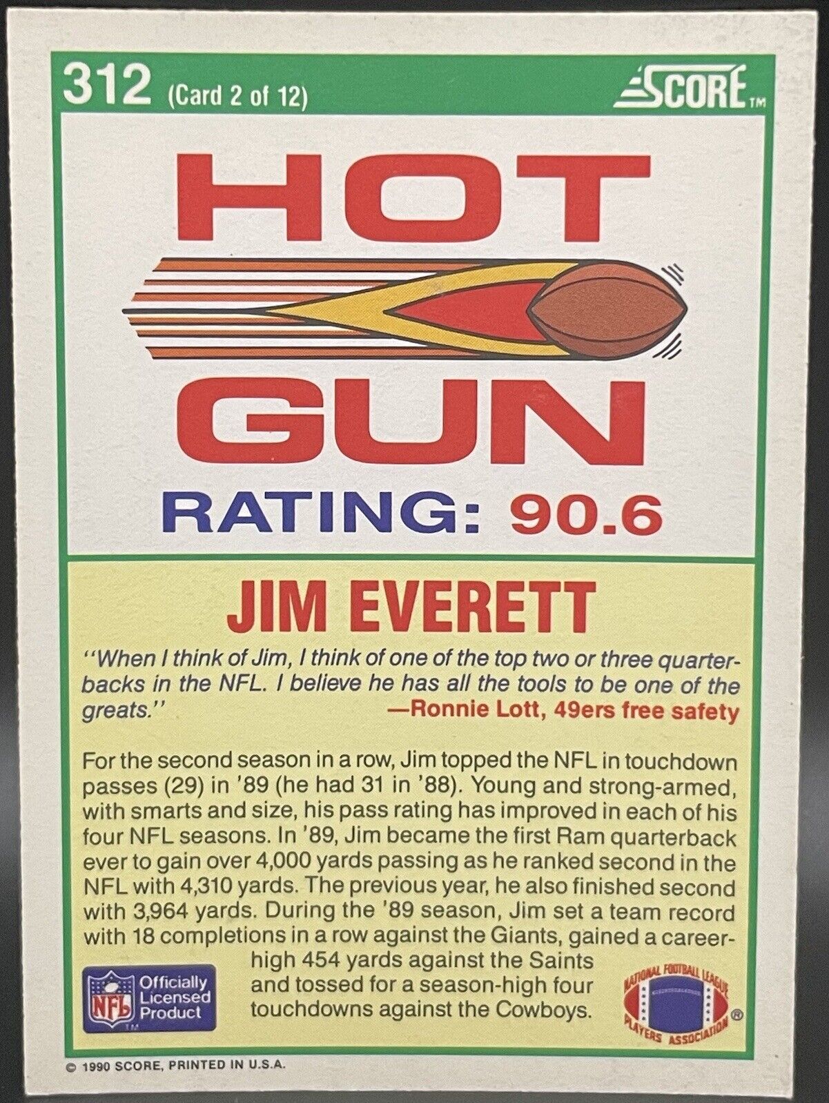 1990 Score Football Jim Everett Hot Gun Los Angeles Rams #312