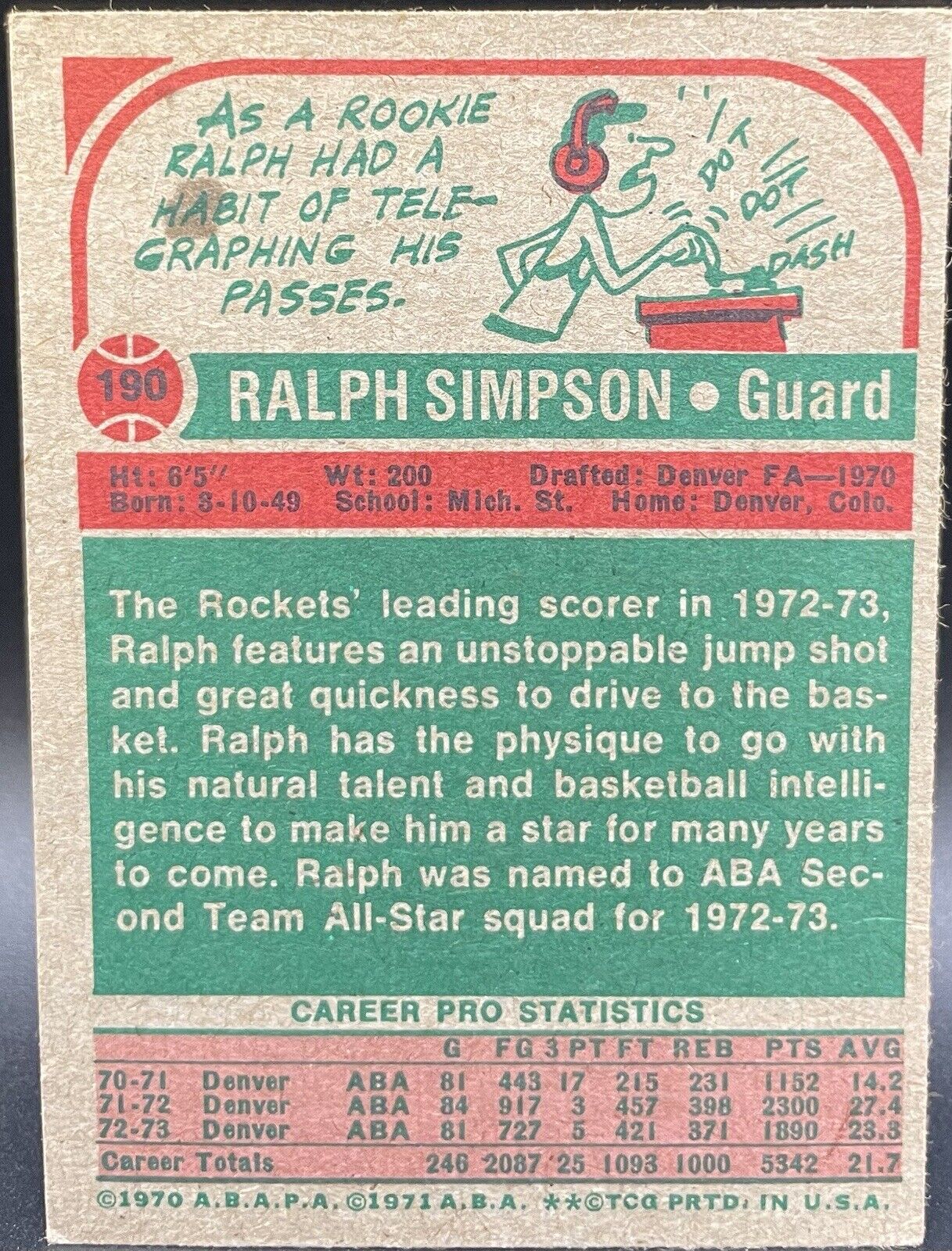 1973 Topps #190 Ralph Simpson - Denver Rockets 
