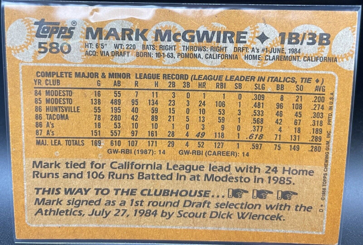 Mark McGwire 1988 Topps #580 All-Star Rookie Oakland Athletics