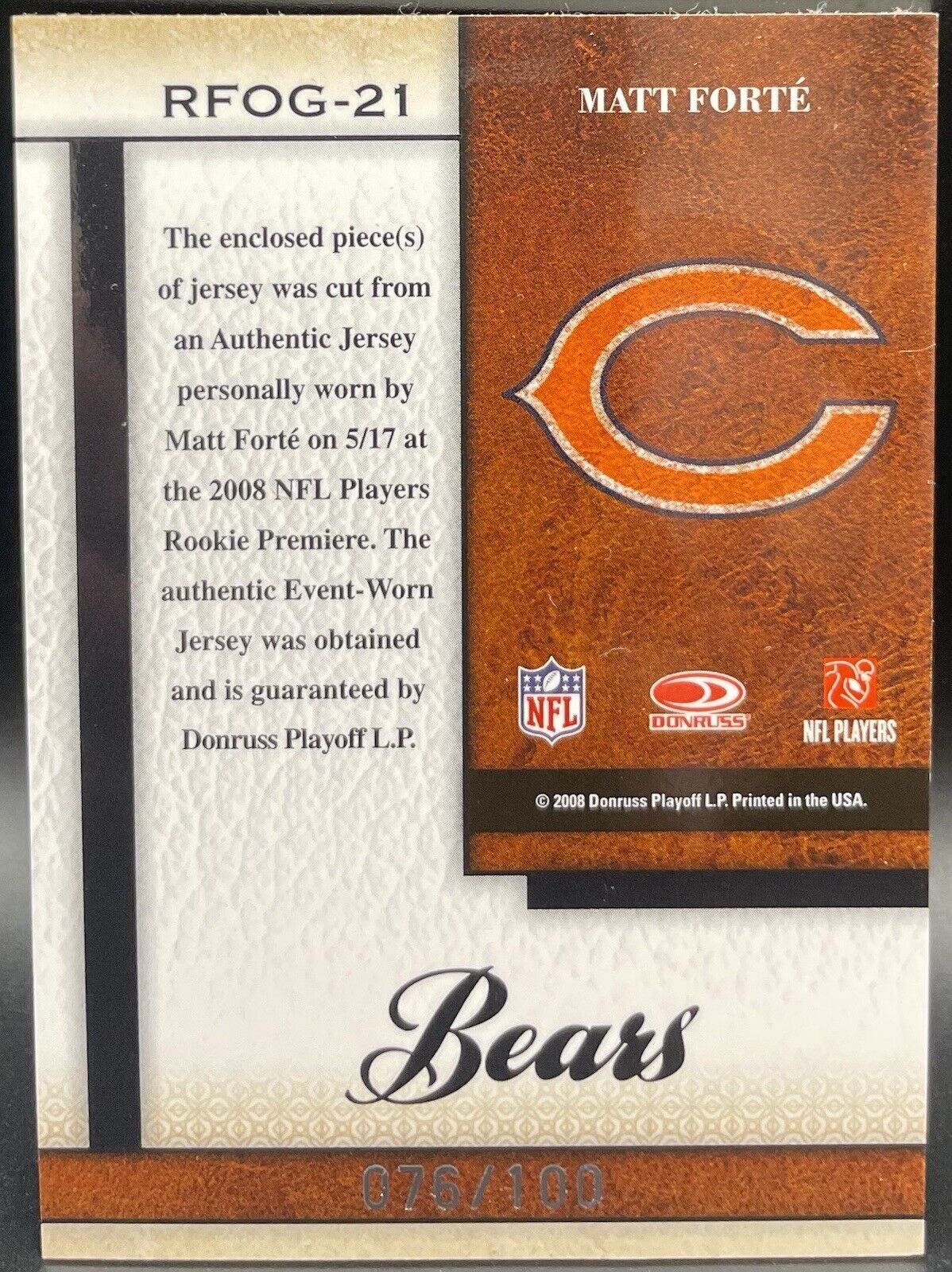 Matt Forte 2008 Donruss Certified #RFOG-21 Patch / Rookie    /100  Chicago Bears