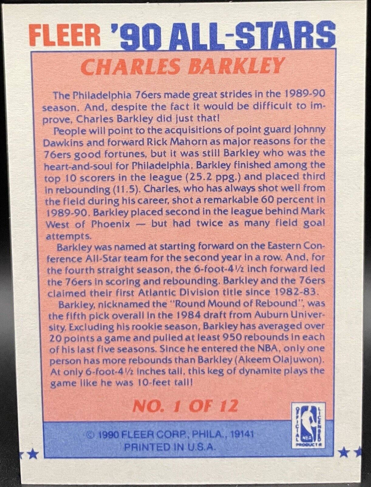 1990 Fleer Basketball CHARLES BARKLEY All-Star #1 Philadelphia 76ers