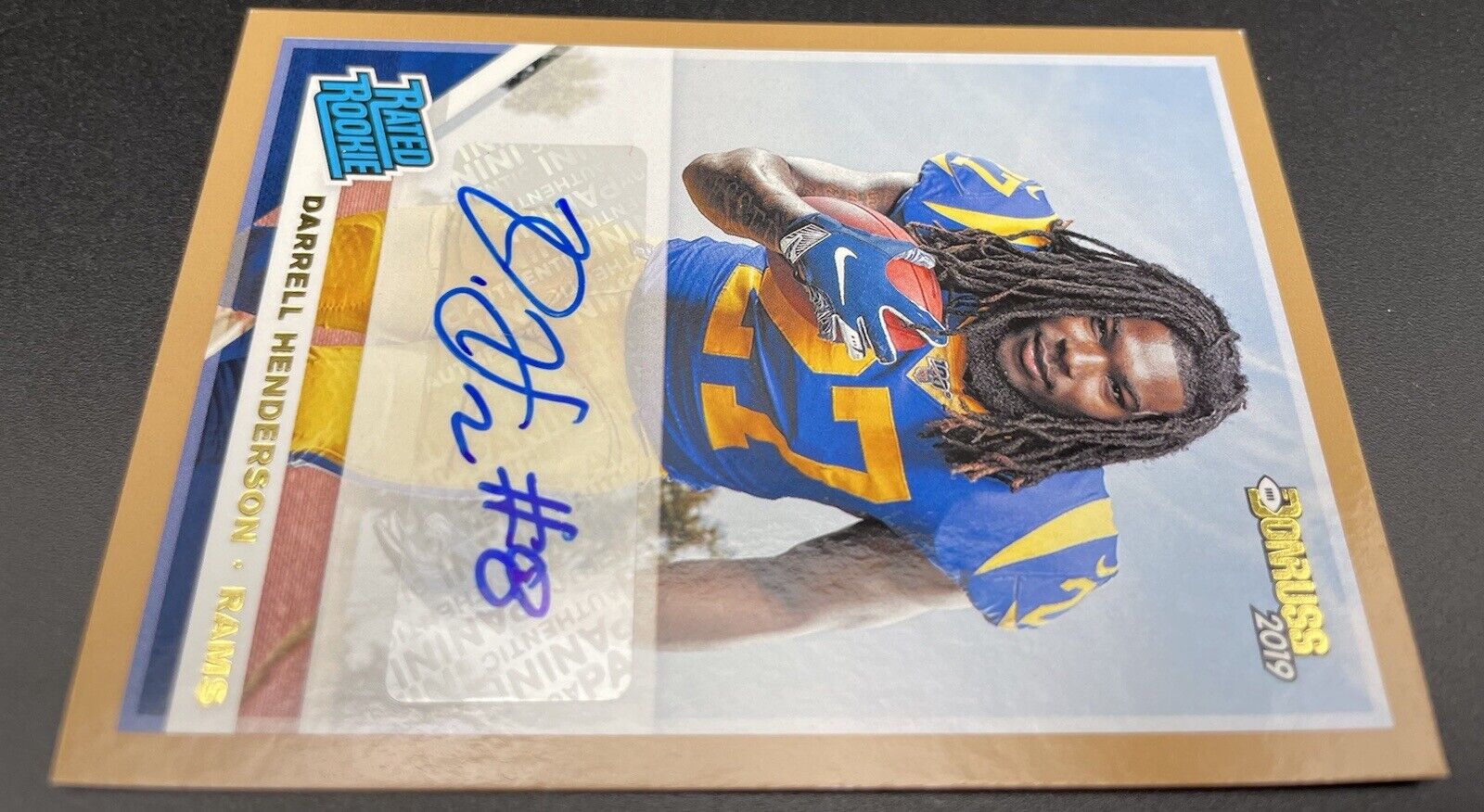 Darrell Henderson 2019 Panini Donruss #310 Gold Auto, RC , Los Angeles Rams