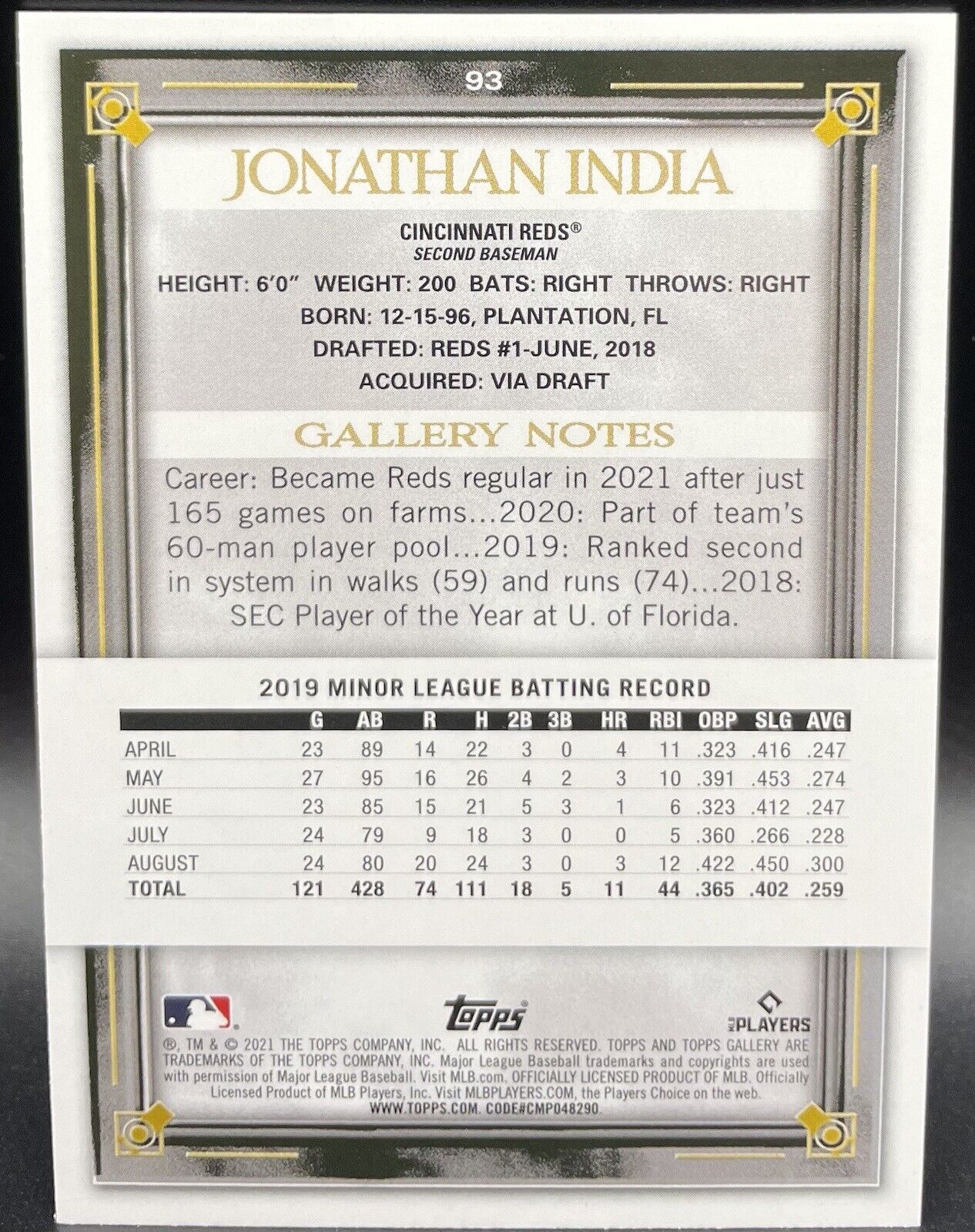 Jonathan India 2021 Topps Gallery #93 Rookie Card  Cincinnati Reds