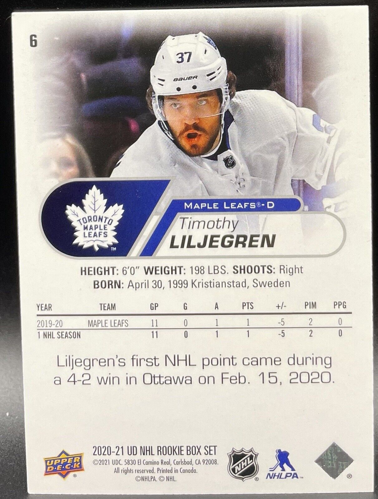 Timothy Liljegren 2020-21 Upper Deck #6 RC Toronto Maple Leafs￼