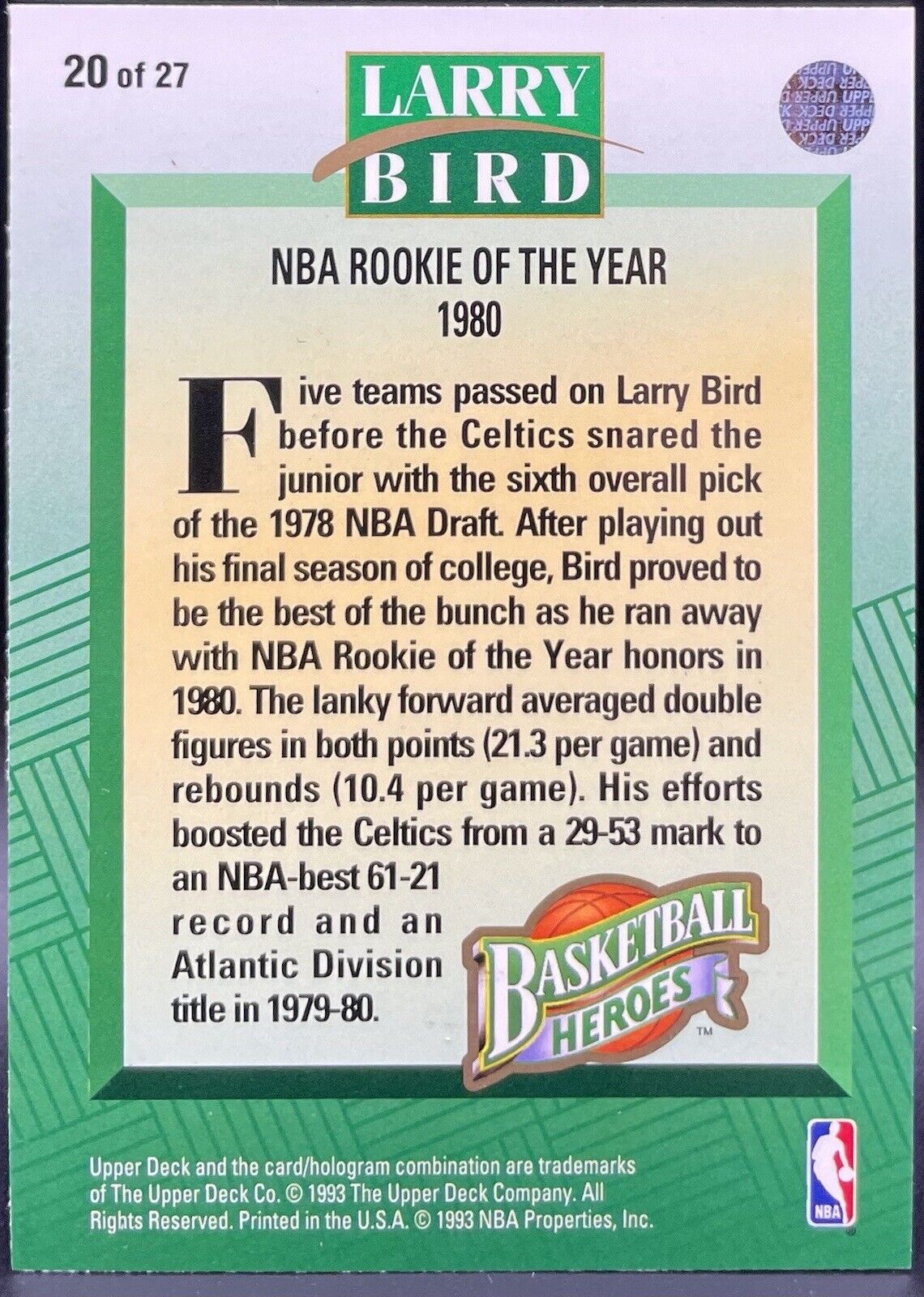 Larry Bird 1990-93 Upper Deck, HOOPS Bostin Celitics HOF Collectors Choice