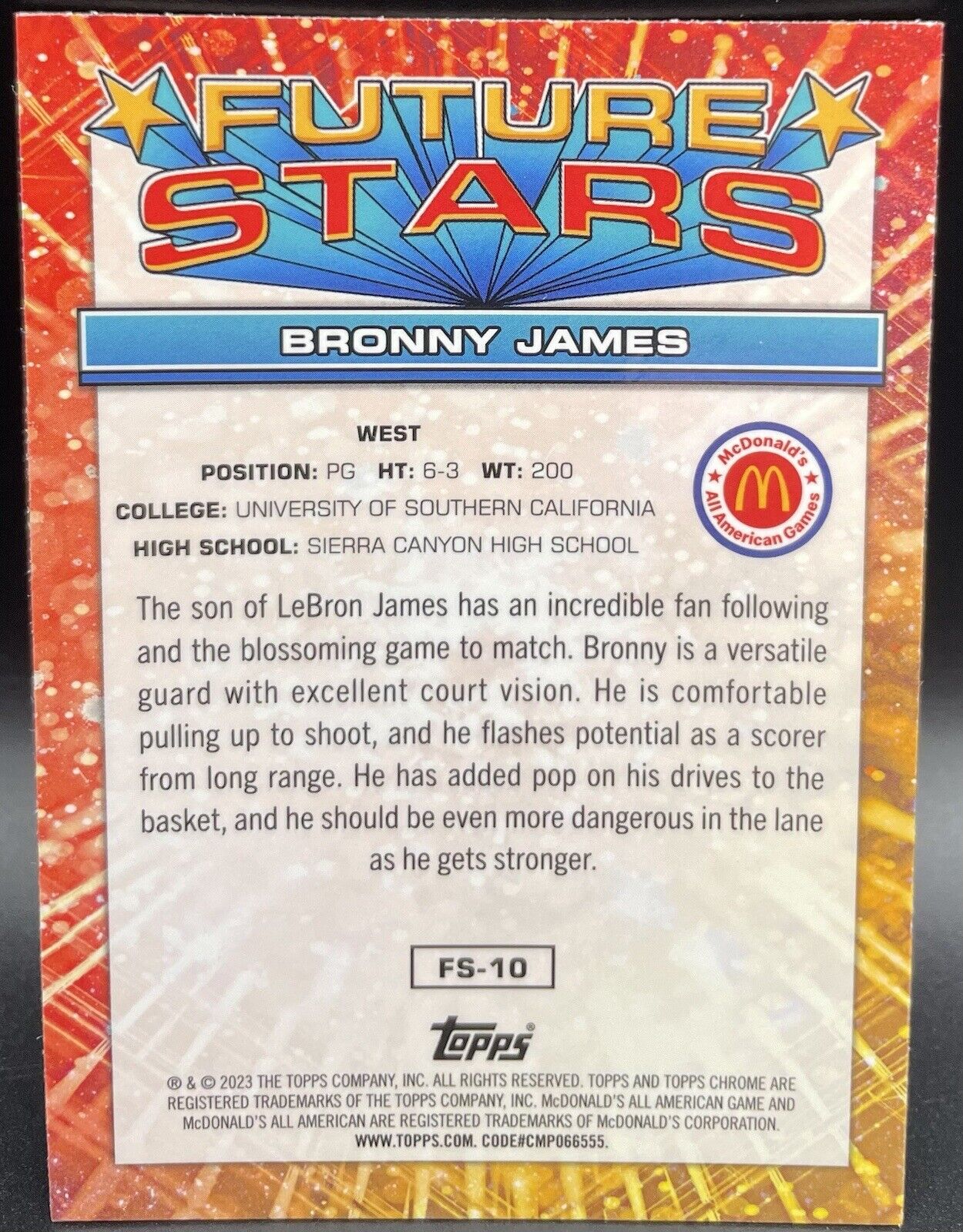 Bronny James 2023 Topps Chrome McDonald’s  All-American Future Stars #FS-10 Holo