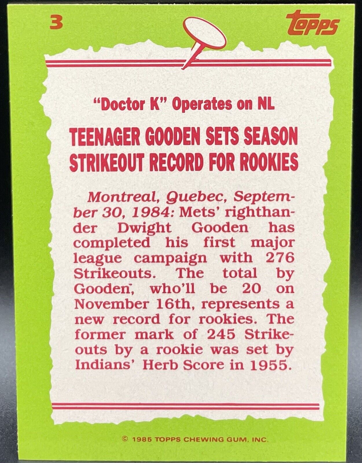 1985 Topps - Record Breaker Collector's Edition (Tiffany) #3 Dwight Gooden (RC)