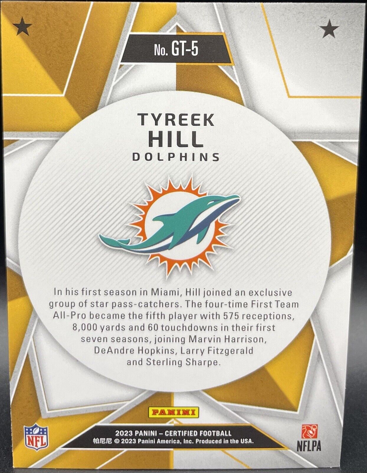 2023 Panini Certified Tyreek Hill Gold Team Miami ￼Dolphins #GT-5 🔥🔥🏈