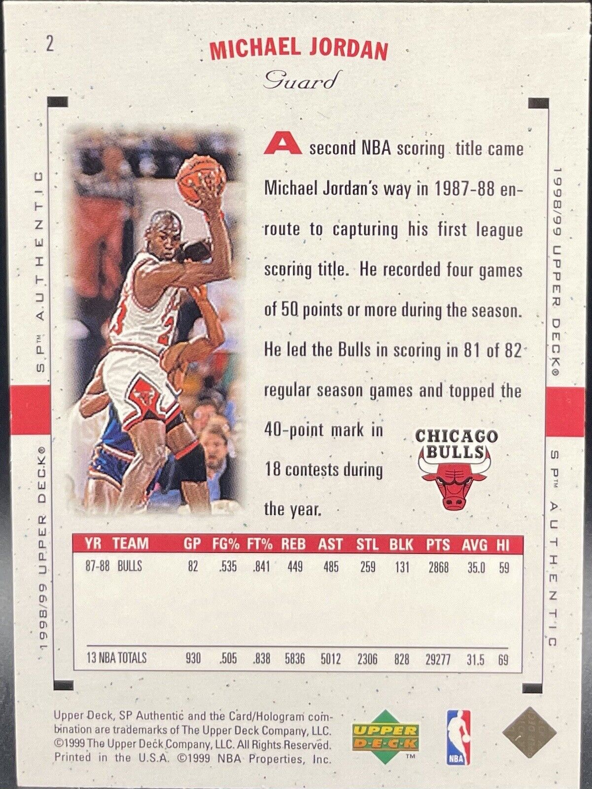 1999 Upper Deck SP Authentic #2 Michael Jordan EX Chicago Bulls🔥🔥The Goat