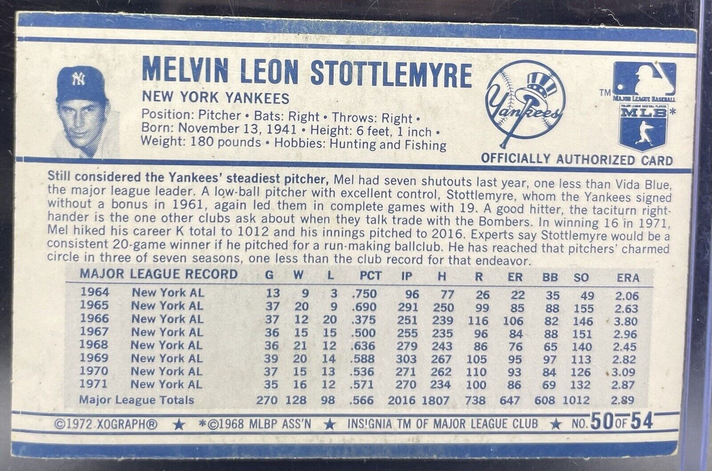 Melvin Stottlemyre 1972 XOGRAPH 3-D New York Yankees #50 Of 54 Rare 