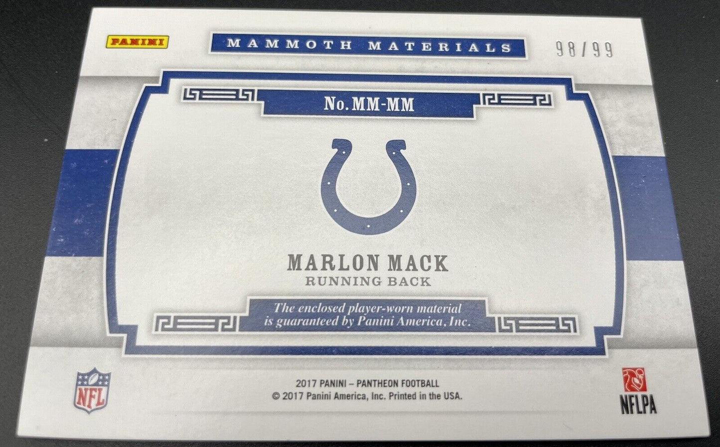 Marlon Mack 2017 Panini Pantheon #MM-MM Large PATCH,  98/99  Indianapolis Colts