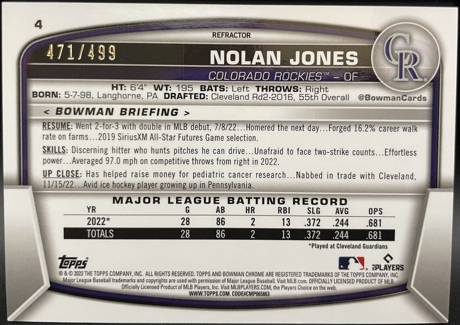 Nolan Jones 2023 Topps Bowman Chrome (RC) #4 Colorado Rockies 471/499