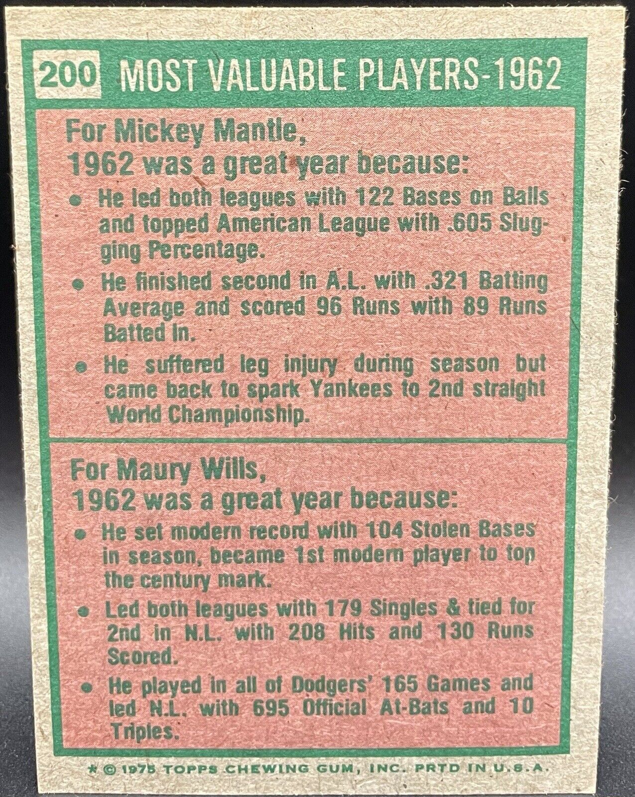 1975 Topps - Most Valuable Players #200 Maury Wills, Mickey Mantle