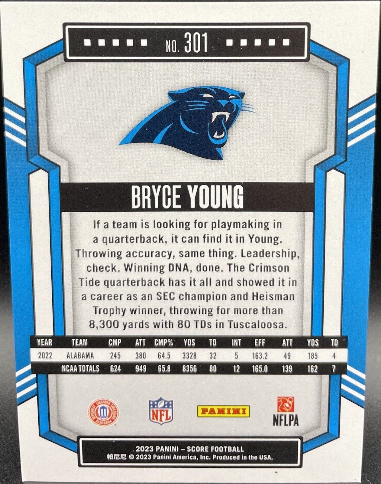 2023 Panini Score Bryce Young Rookie Card #301 - Carolina Panthers (RC)