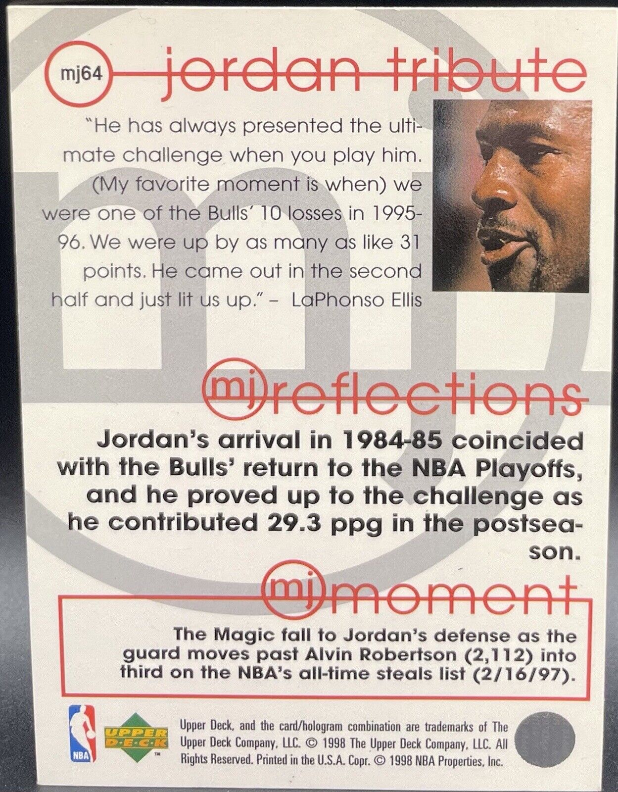 Michael Jordan 1998 Upper Deck Jordan Tribute #MJ64 MJ Reflections Chicago Bulls