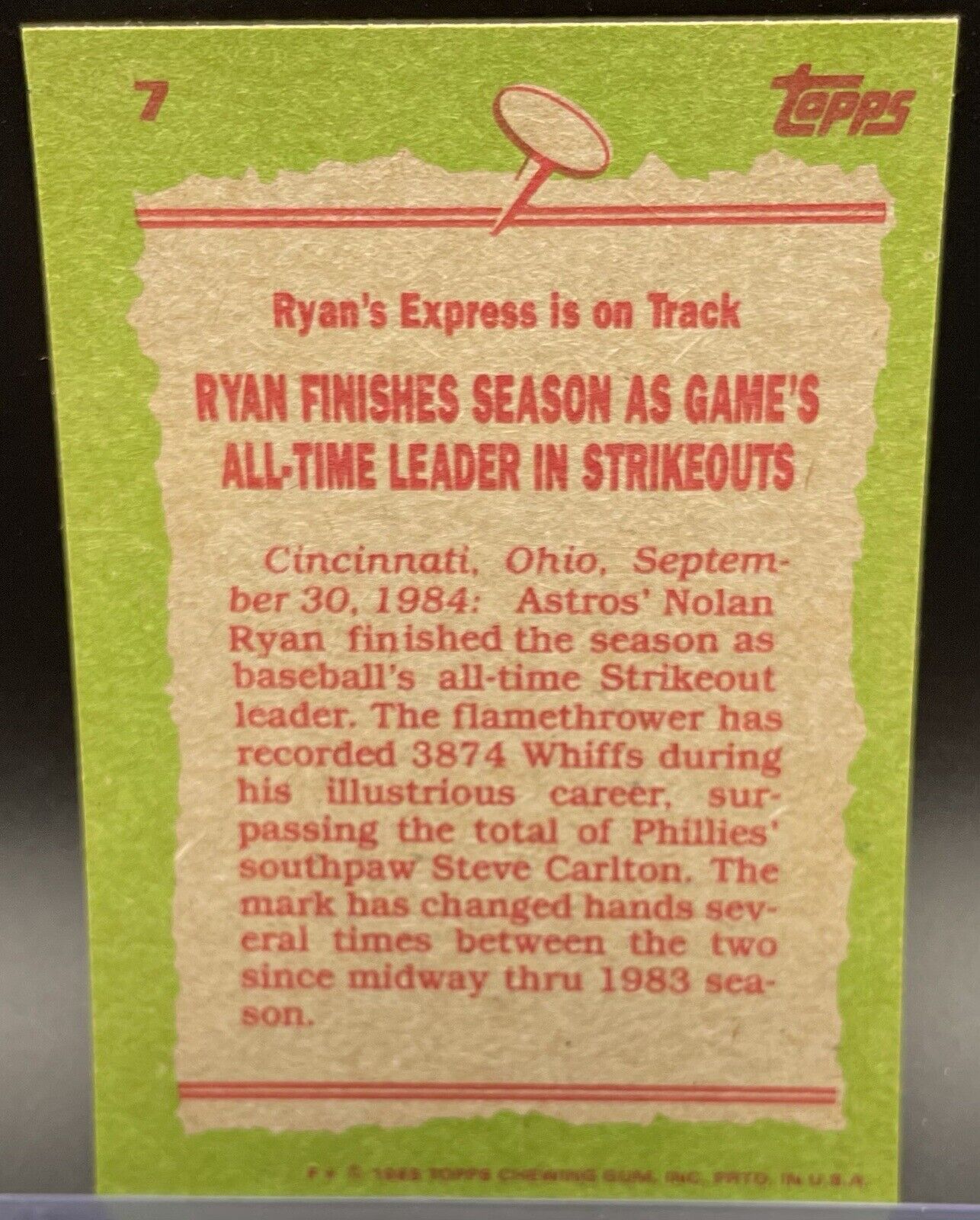 1985 Topps - Nolan Ryan Record Breaker #7 All-Time Leader In Strikeouts ⚾️🔥💥