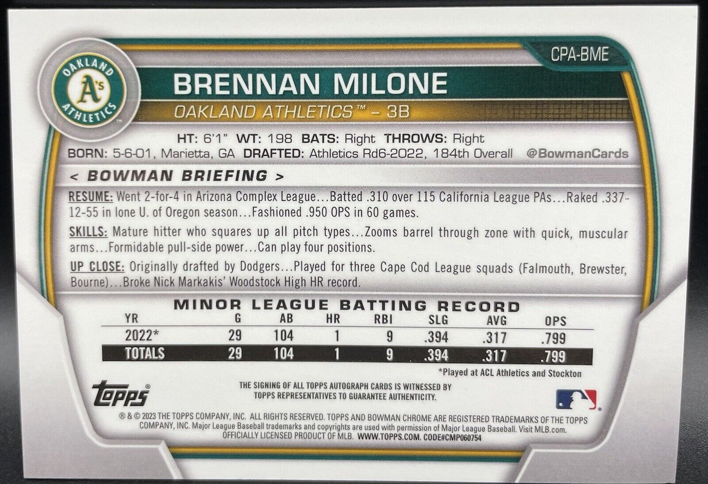 Brennan Milone 2023 Topps Bowman Chrome #CPA-BME AUTO Oakland Athletics