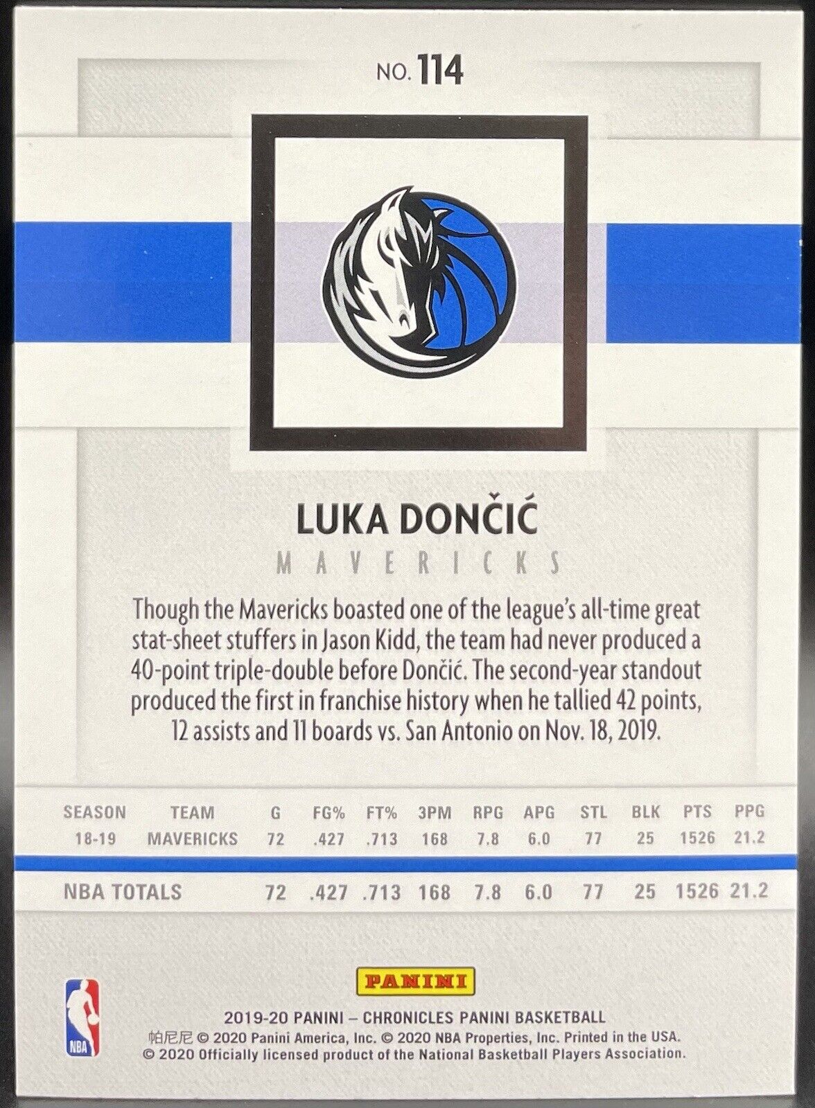 Luka Doncic 2019 Panini Chronicles #114 Dallas Mavericks￼