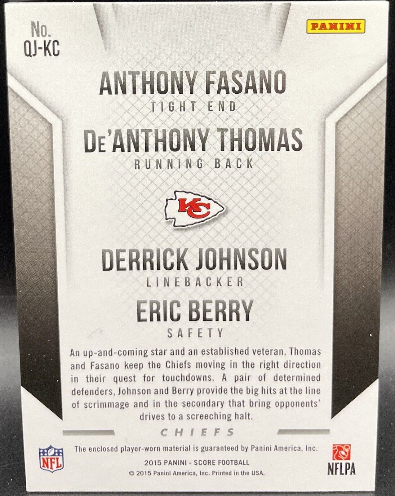 Anthony Fasano, De’Anthony Thomas 2015 Panini Score #QJ-KC Quad Patch Kansas...