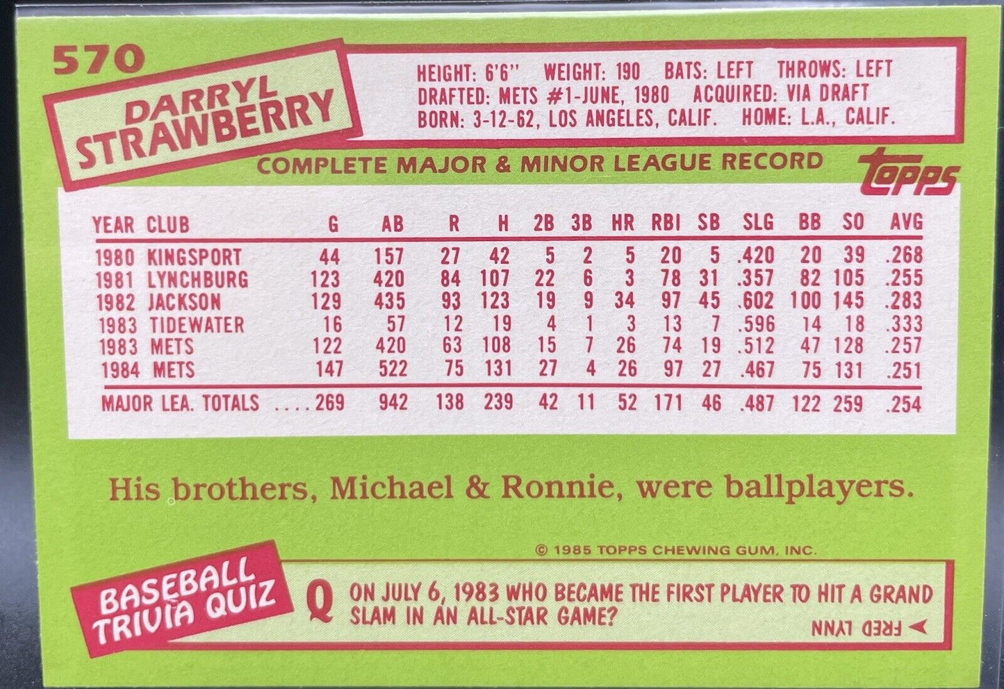 Darryl Strawberry 1985 Topps Tiffany #570 New York Mets HOF 