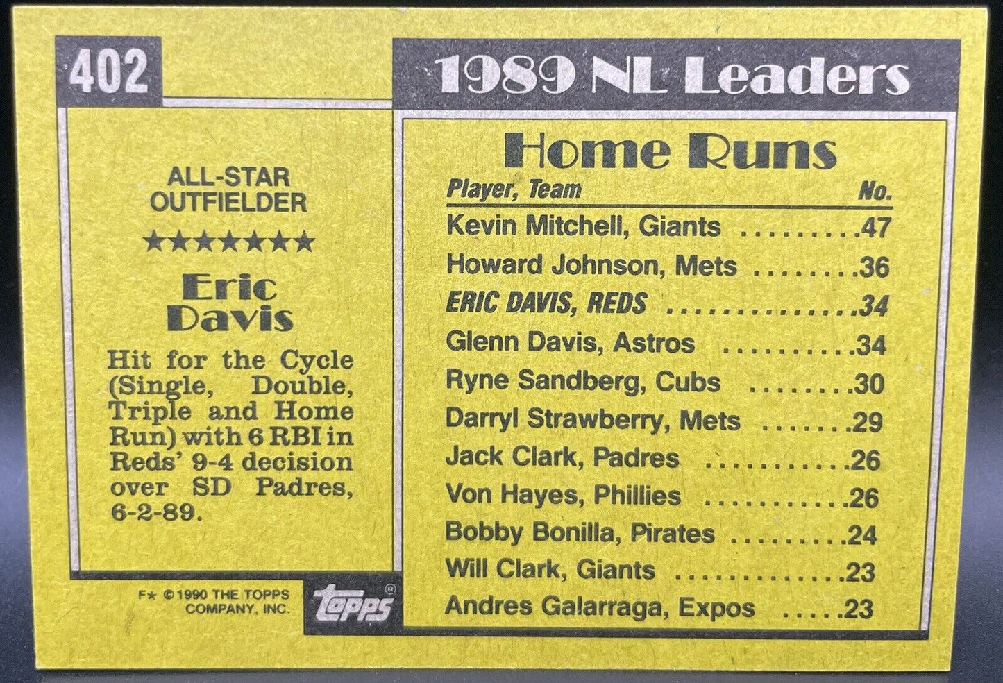 1990 Topps Eric Davis All-Star #402 Cincinnati Reds