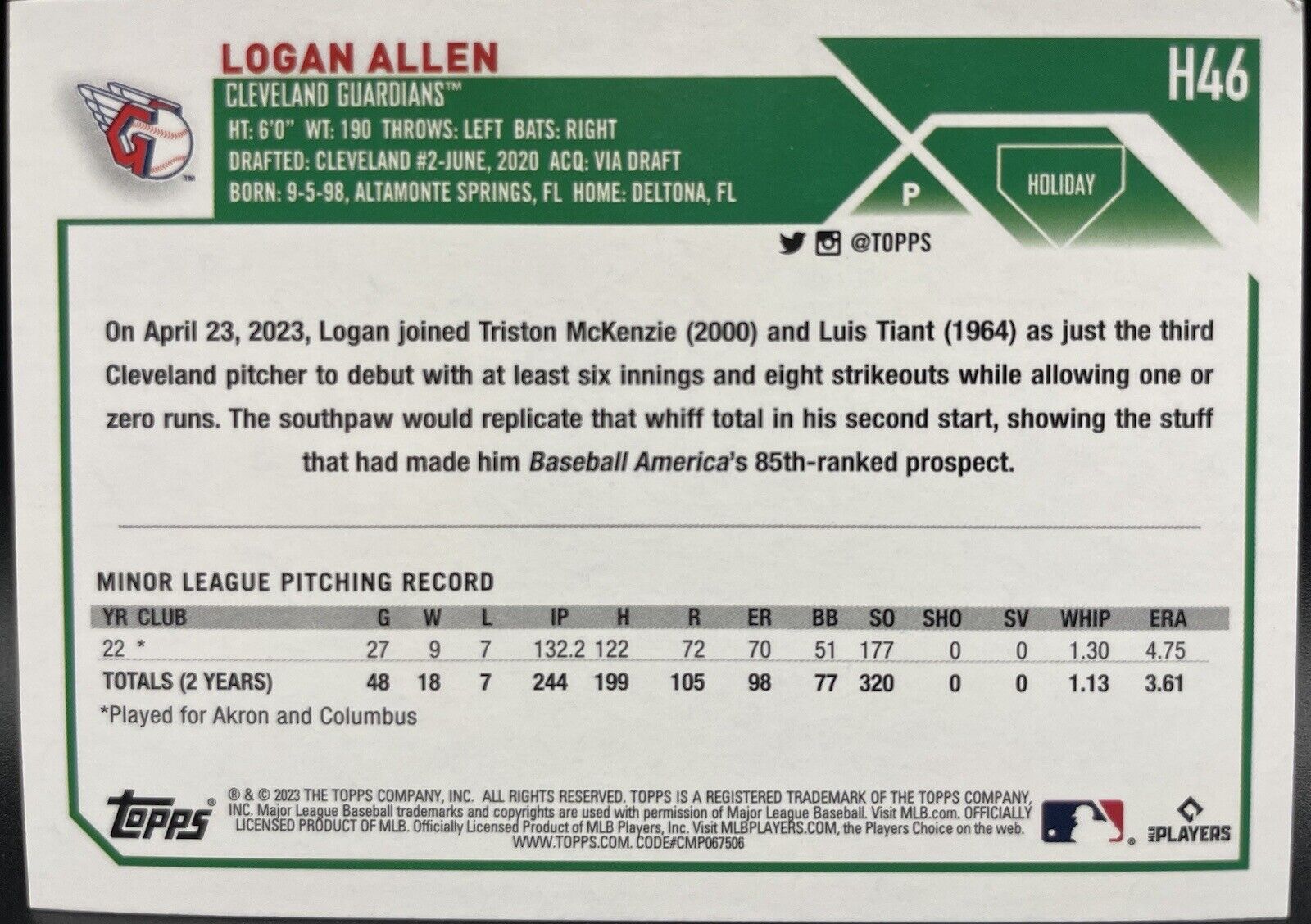 2023 Topps Holiday Logan Allen Rookie Metallic Parallel #H46 Cleveland Guardians