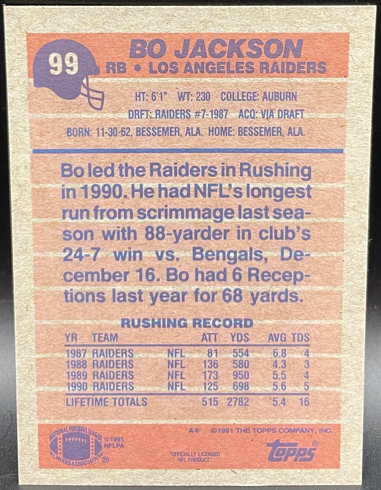 Bo Jackson 1991 Topps #99 Los Angeles Raiders