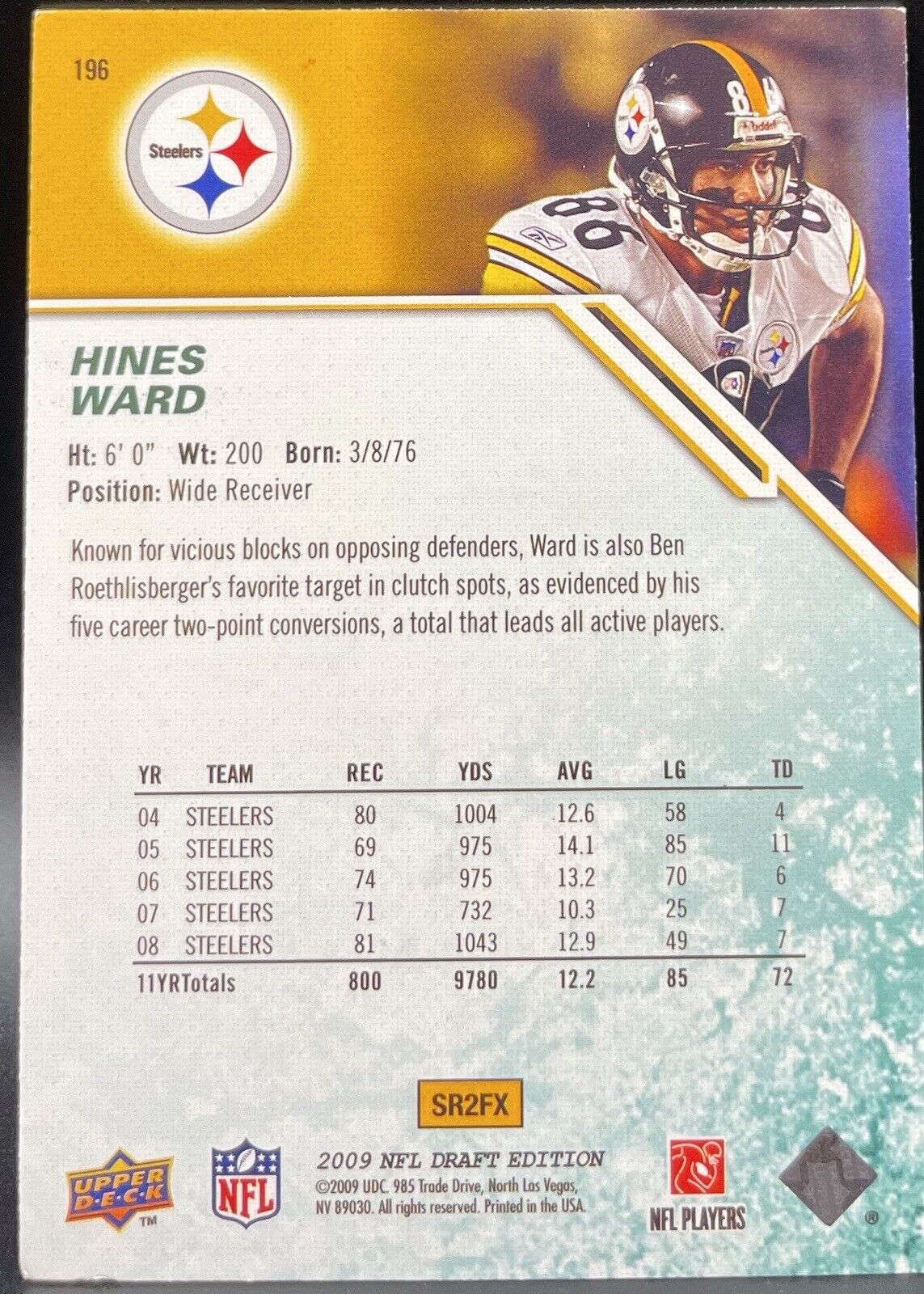 Hines Ward 2009 Upper Deck Draft History #196 Pittsburgh Steelers