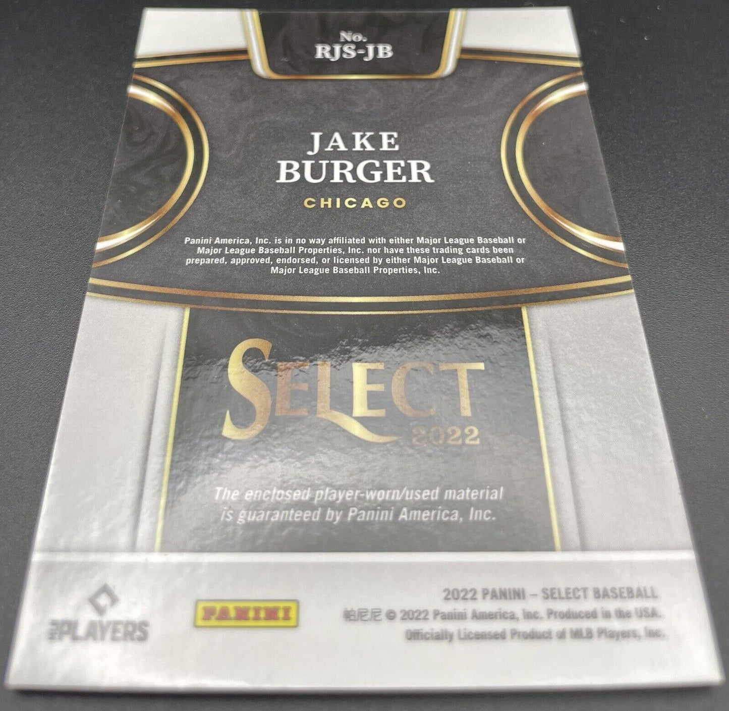 Jake Burger 2022 Panini Select #RJS-JB ROOKIE CARD JERSEY Chicago White Sox J
