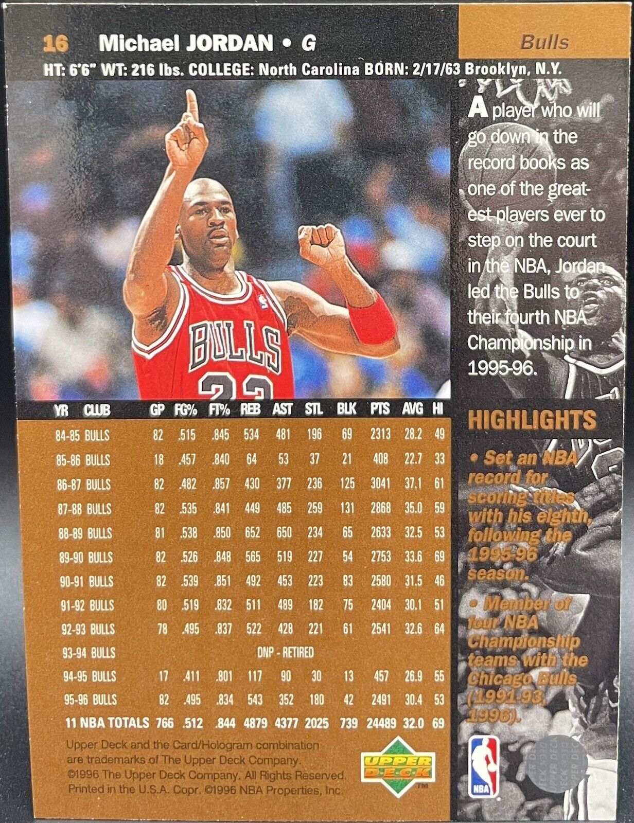 1996 Upper Deck Michael Jordan # 16 Bronze Chicago Bulls
