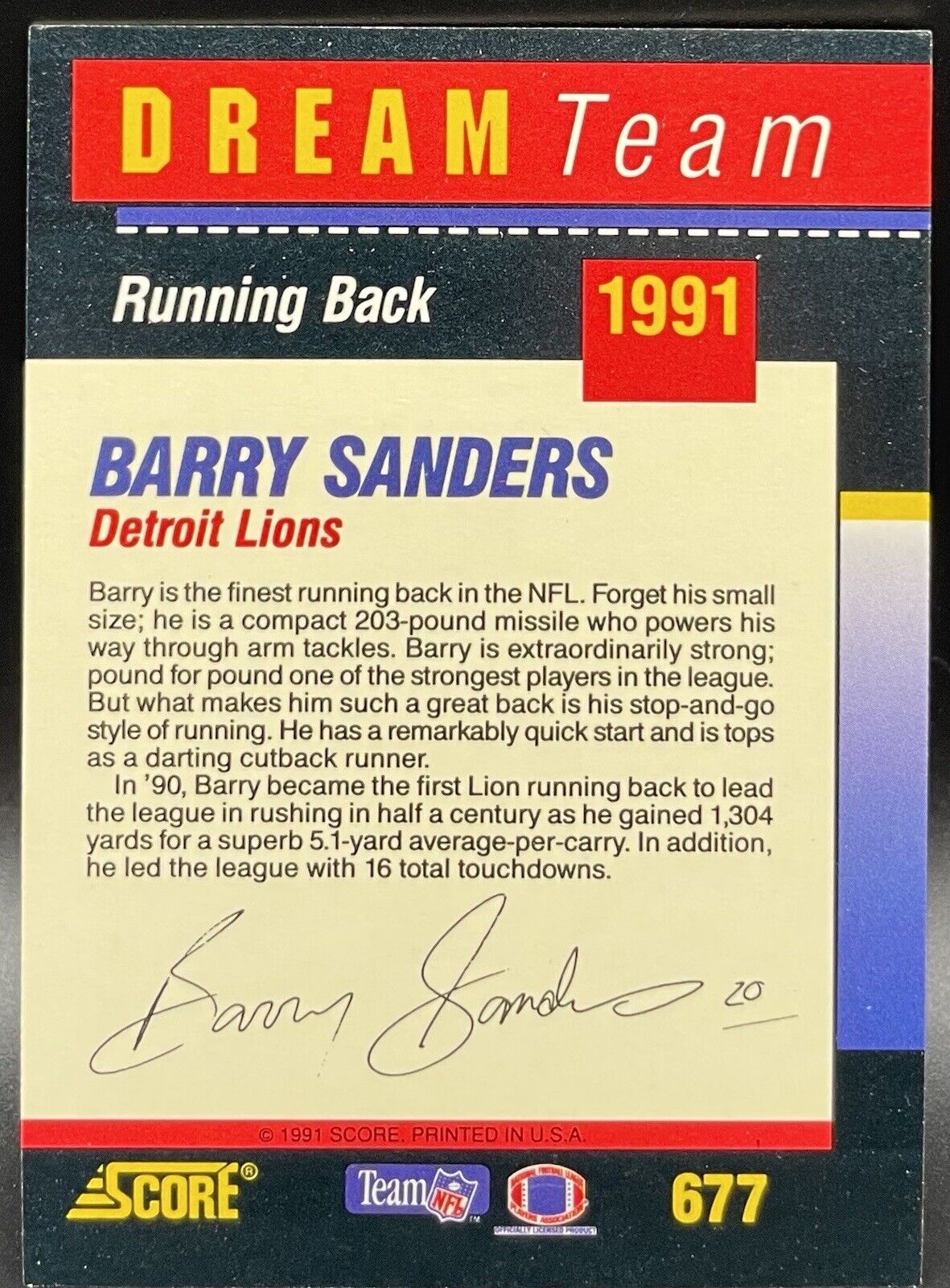 1991 Score Dream Team Barry Sanders #677 Detroit Lions HOF