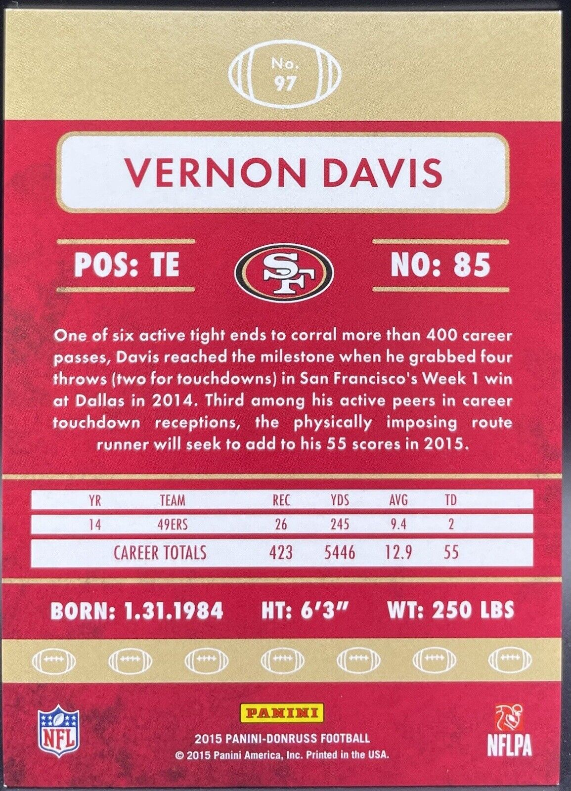 Vernon Davis 2015 Panini Donruss #97 Rookie,  /25 San Francisco 49Ers 