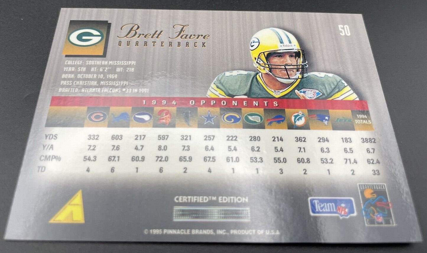 Brett Favre Green Bay Packers 1995 Pinnacle Select Certified Card #50