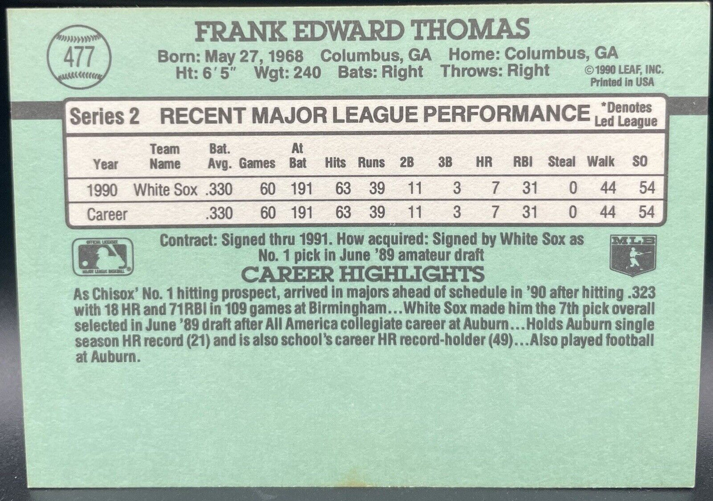 Frank Thomas 1991 Donruss #477 (RC) Season Chicago White Sox