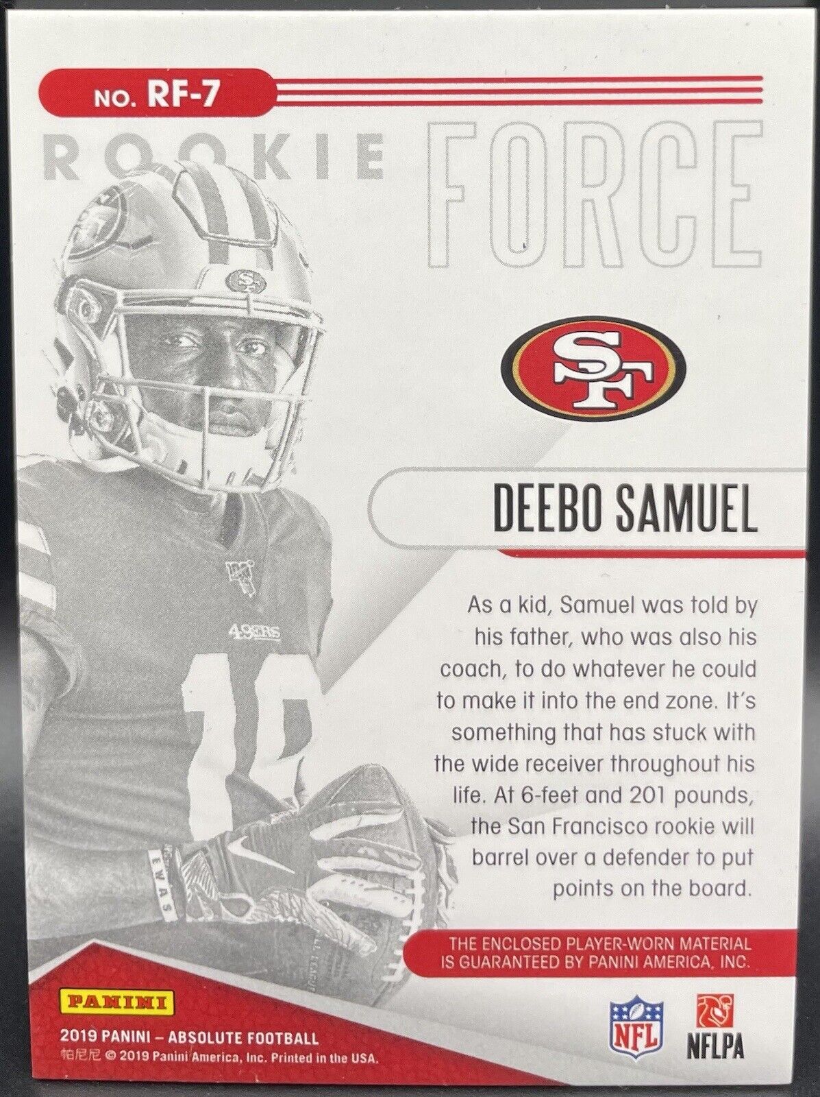 Deebo Samuel 2019 Panini Absolute #RF-7 RC / Patch Force San Francisco 49Ers