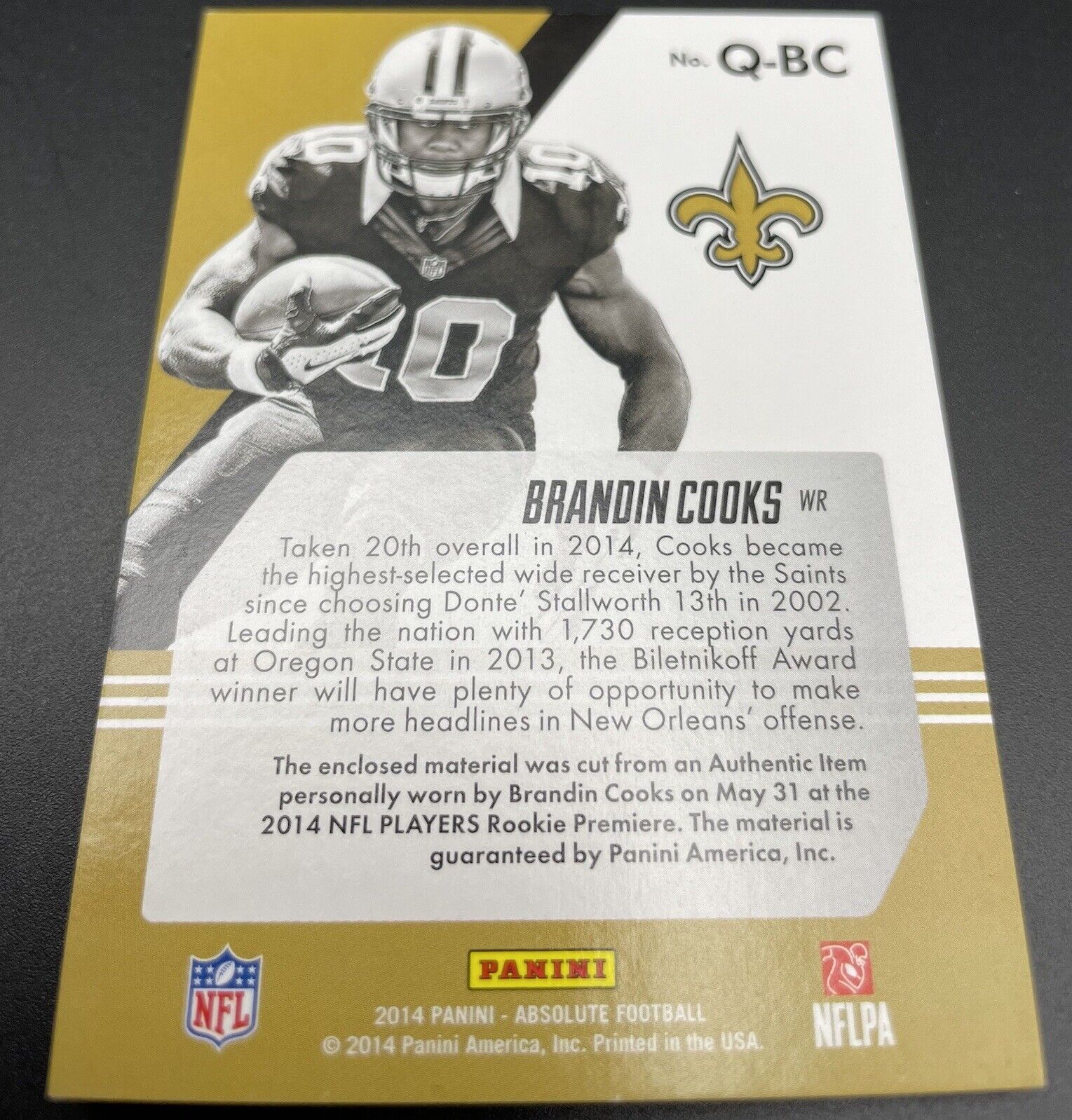 Brandin Cooks 2014 Panini Absolute #Q-BC RC, 222/249, Quad Patch Saints 