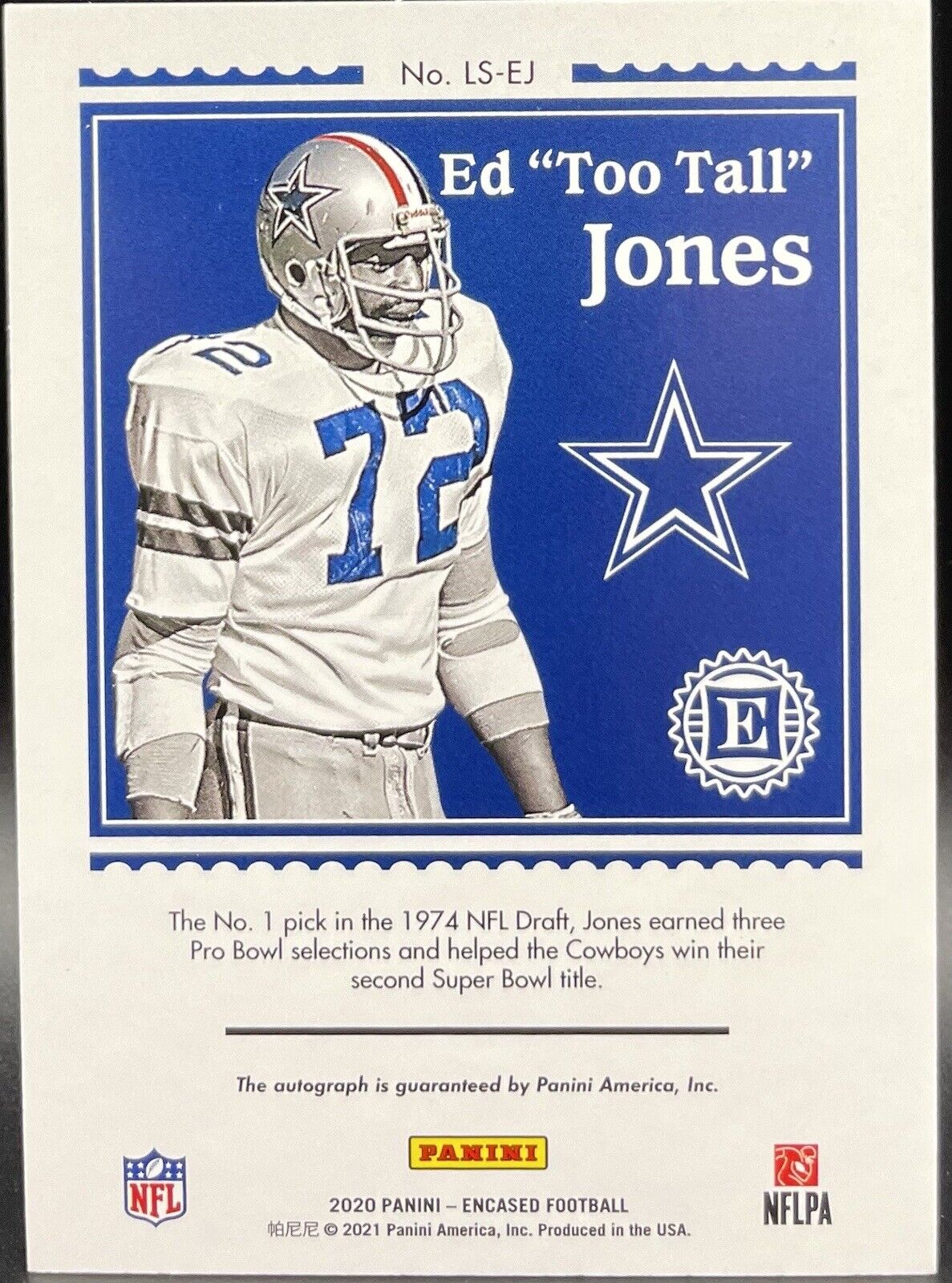 ED “To Tall Jones” Jones 2020 Panini Encased #LS-EJ Auto, 04/50 Dallas Cowboys￼