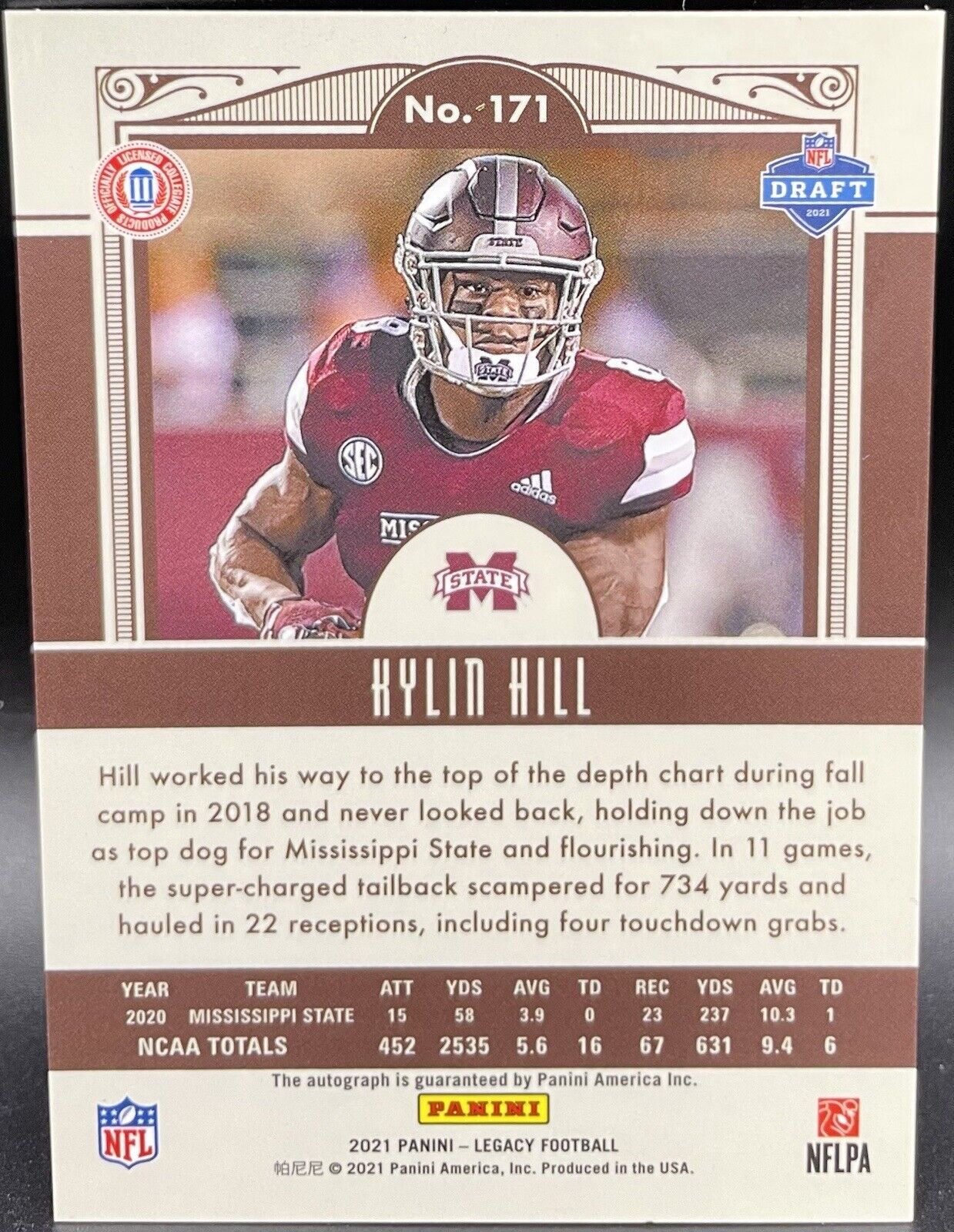 Kyllin Hill 2021 Panini Legacy #171 Autograph, RC Mississippi State / Pakers