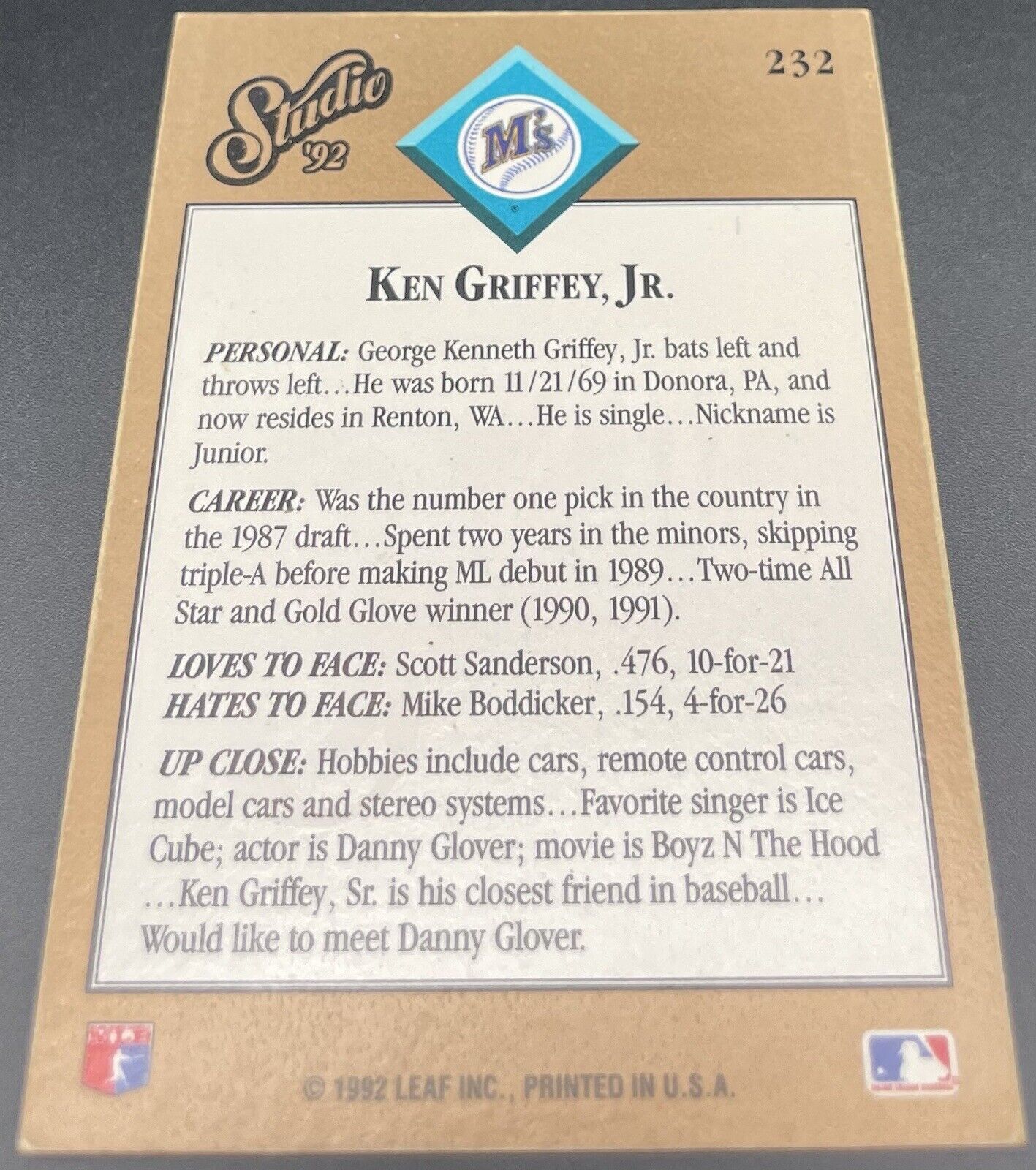 Ken Griffey Jr 1992 Leaf Studio #232 Seattle Mariners