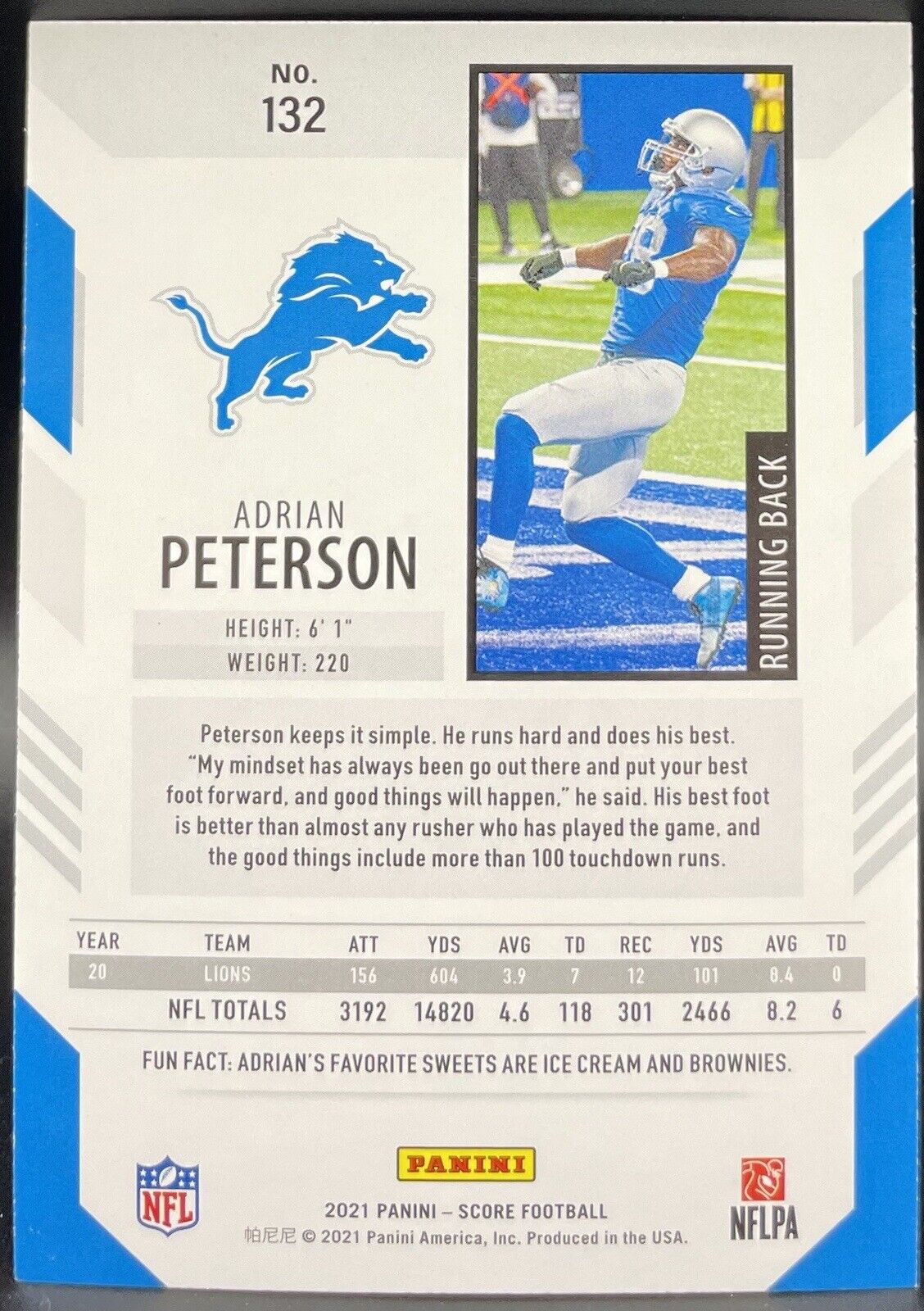 Adrian Peterson 2021 Panini Score Football #132 Detroit Lions