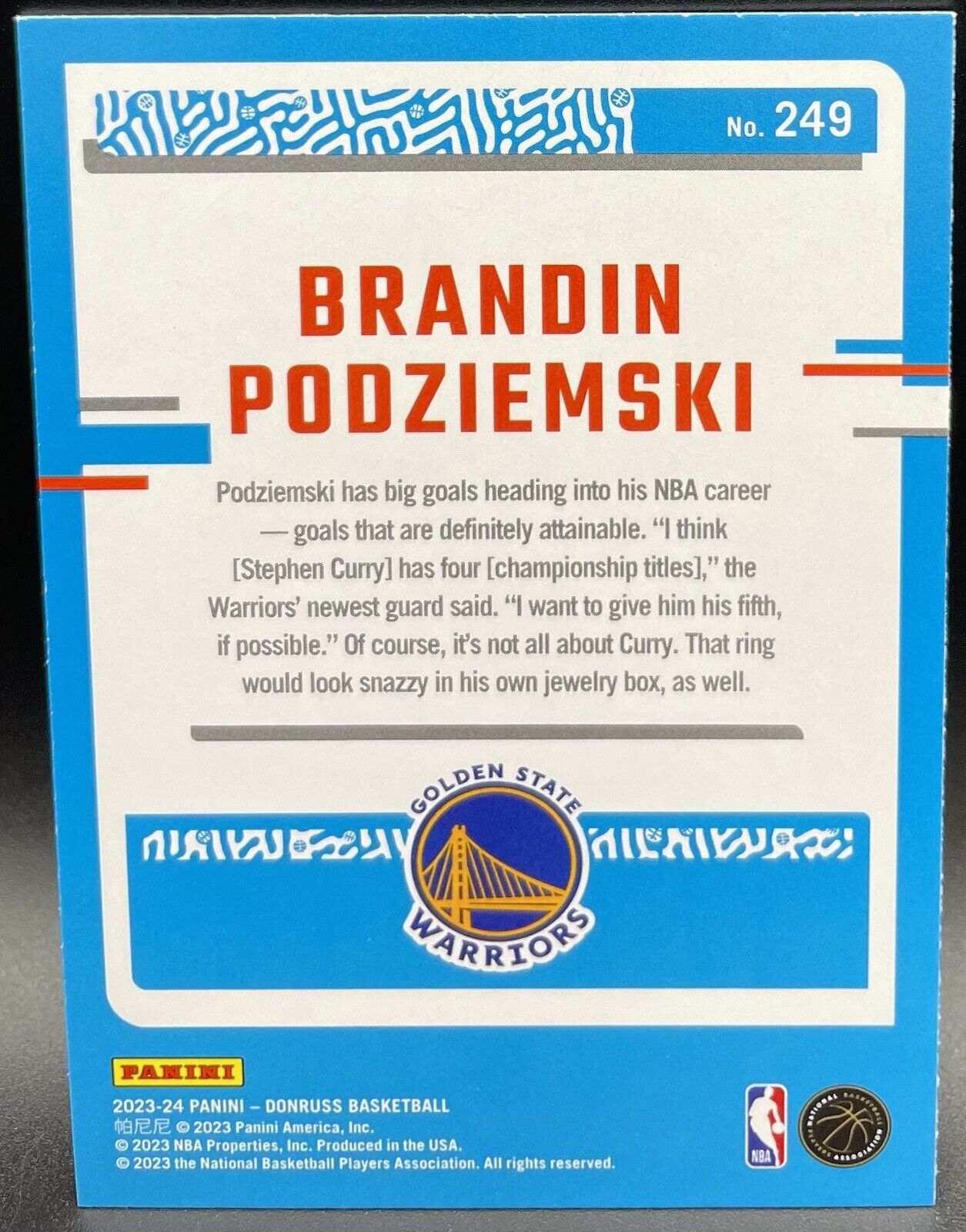 Brandin Podziemski  2023-24 Panini Donruss Green Laser Rated Rookie #249 GSW RC