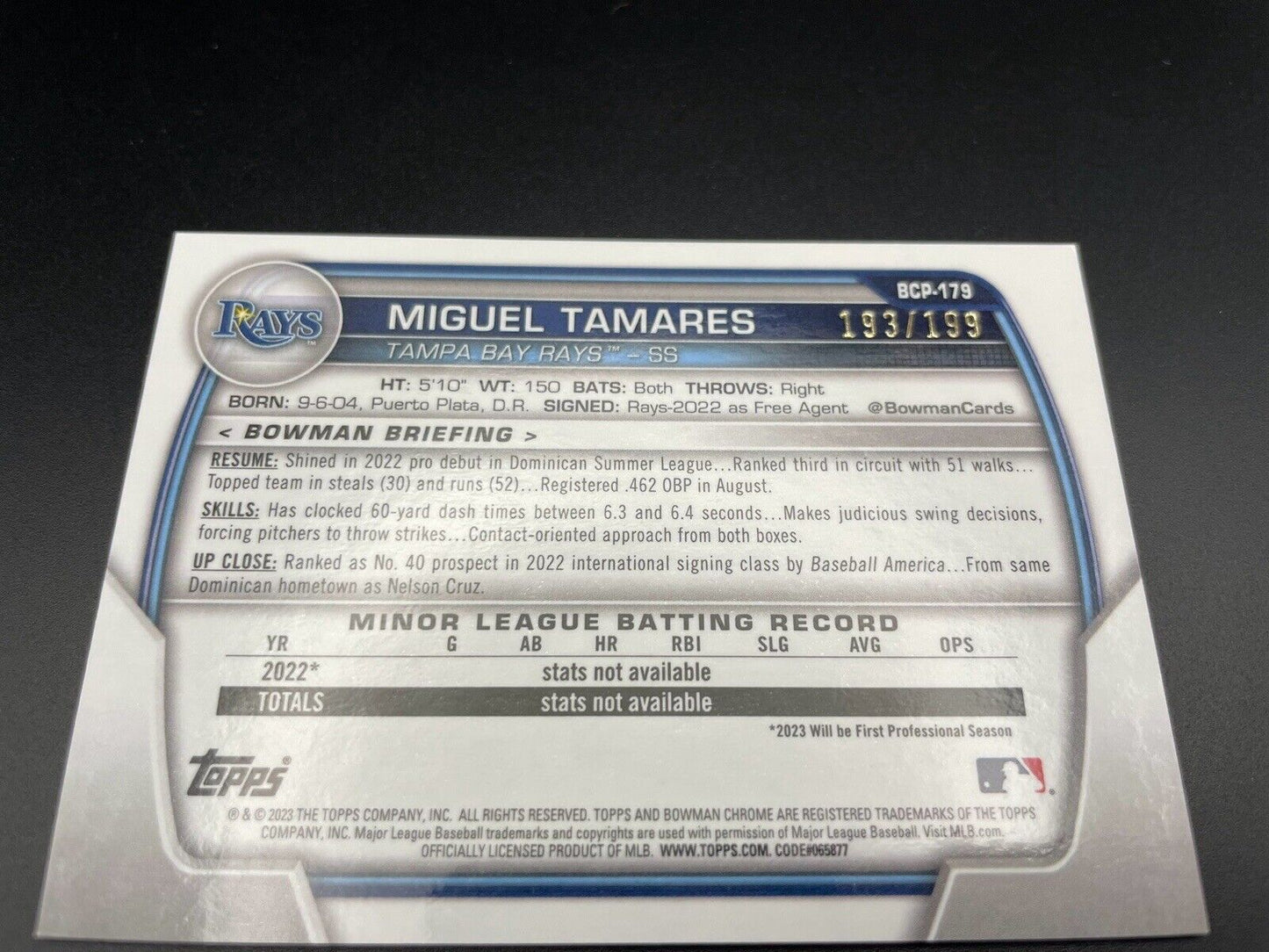 Miguel Tamares 2023 Topps Bowman #BCP-179 Chrome Pink Shimmer /199 RAYS