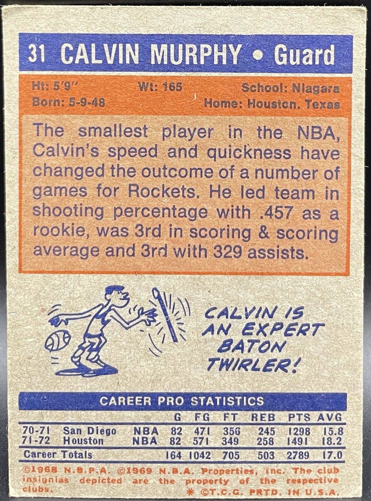 1972 TOPPS HOUSTON ROCKETS CALVIN MURPHY #31 HALL OF FAME