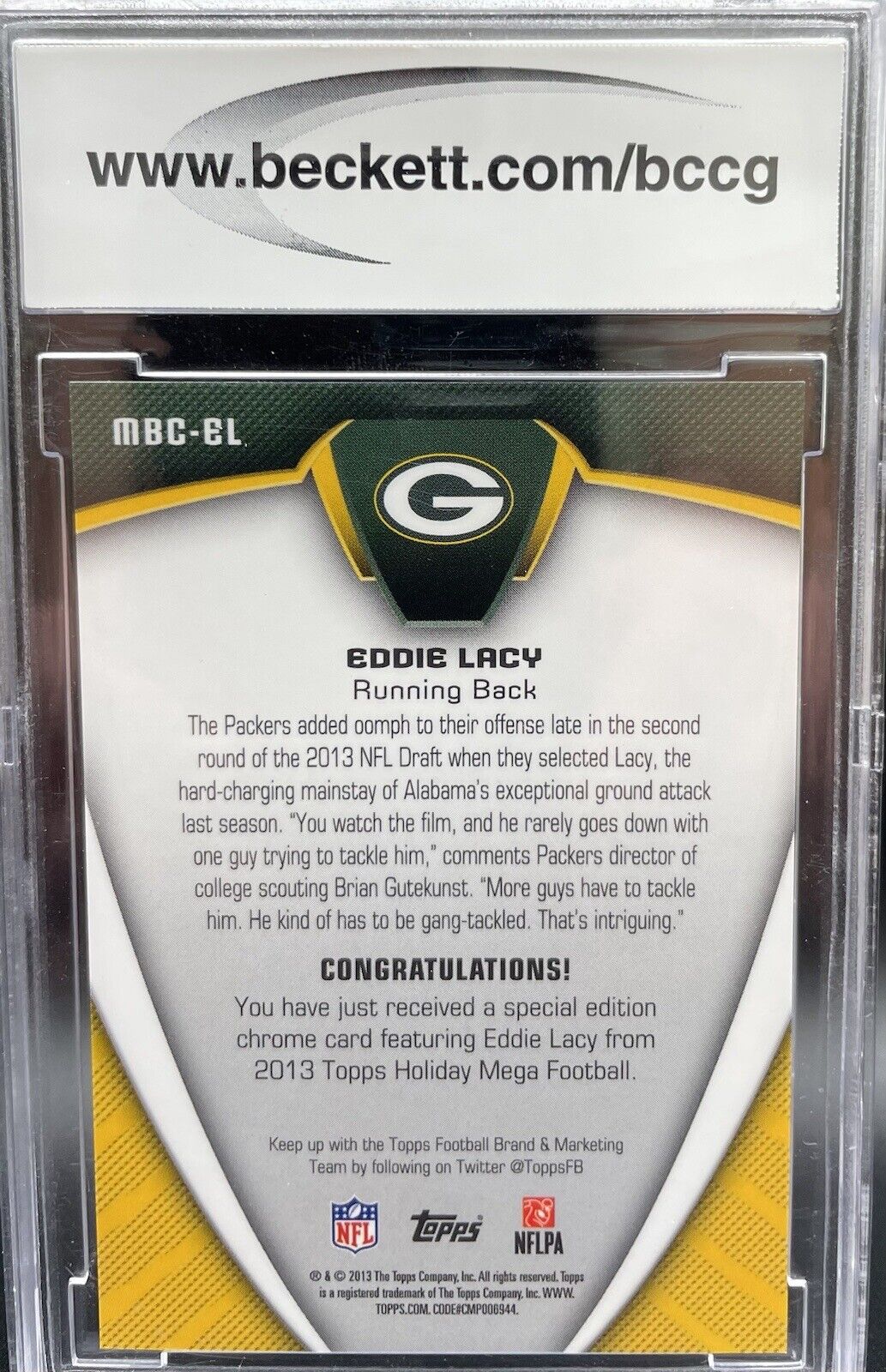 2013 Topps Eddie Lacy Refractor Rookie Card RC #MBCEL -Graded BCCG 10 