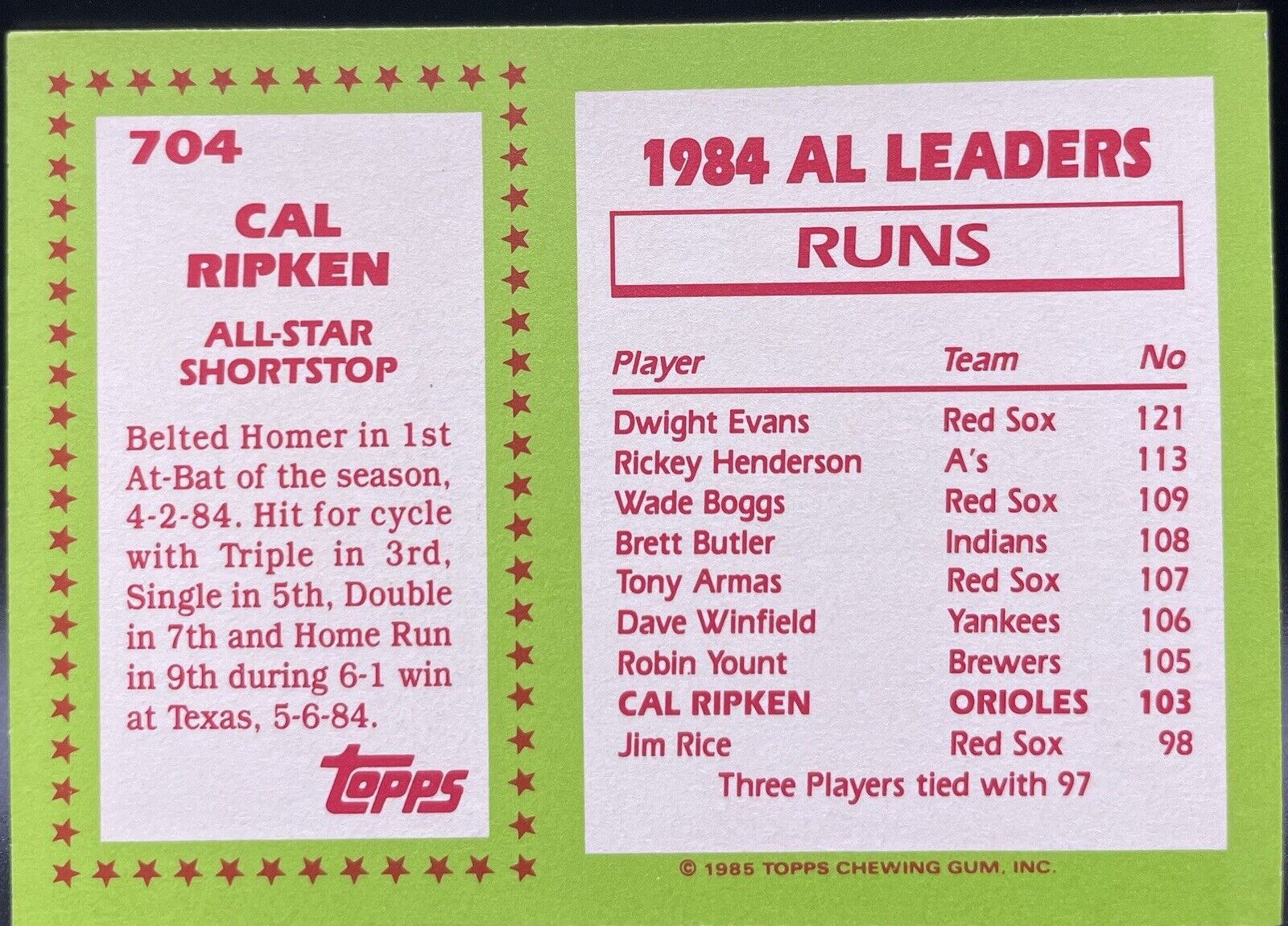 Cal Ripken 1985 Topps Tiffany #704 All Star Baltimore Orioles Fresh Out Of Set🔥