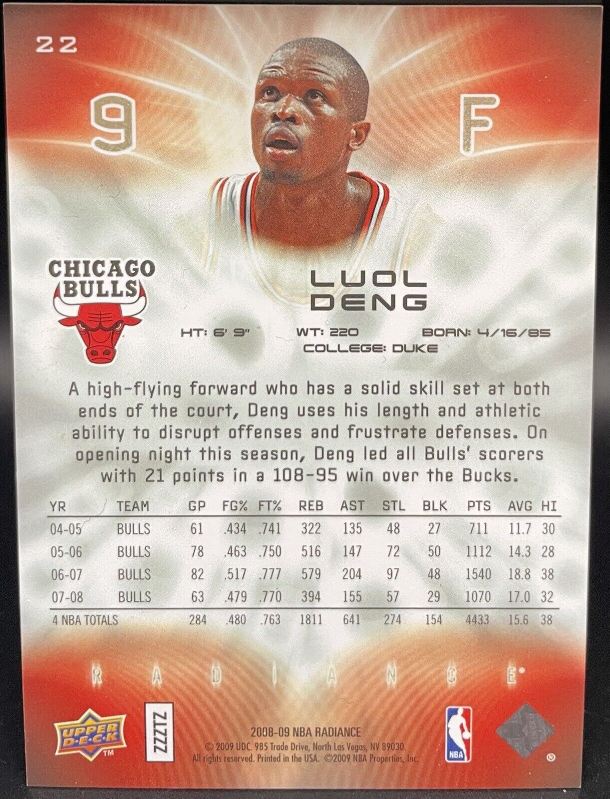 Luol Deng 2008 Upper Deck 237/299 Radiance #22 Chicago Bulls